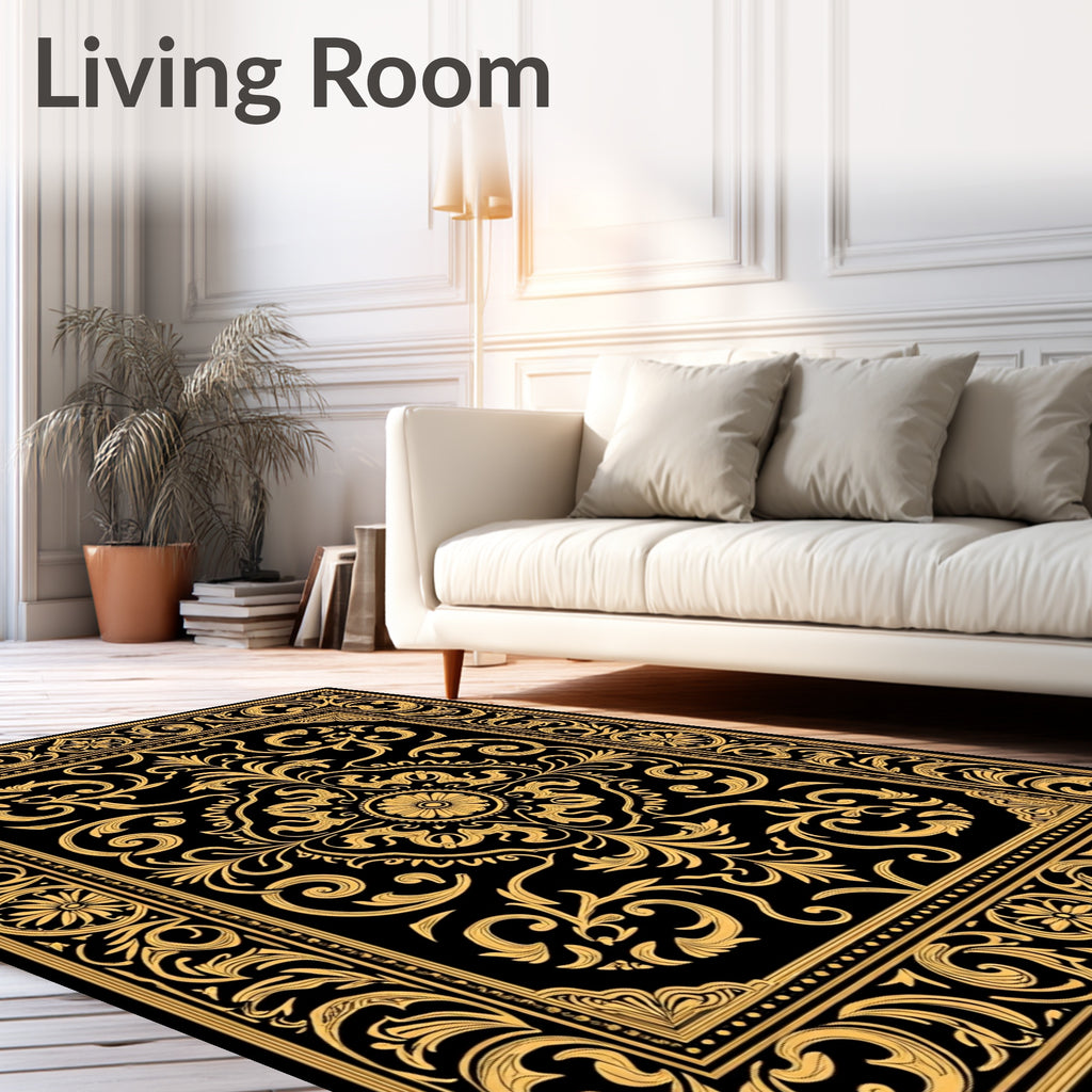 Elegant Gold Black Floral Scrollwork Medallion Rug