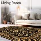 Elegant Gold Black Floral Scrollwork Medallion Rug
