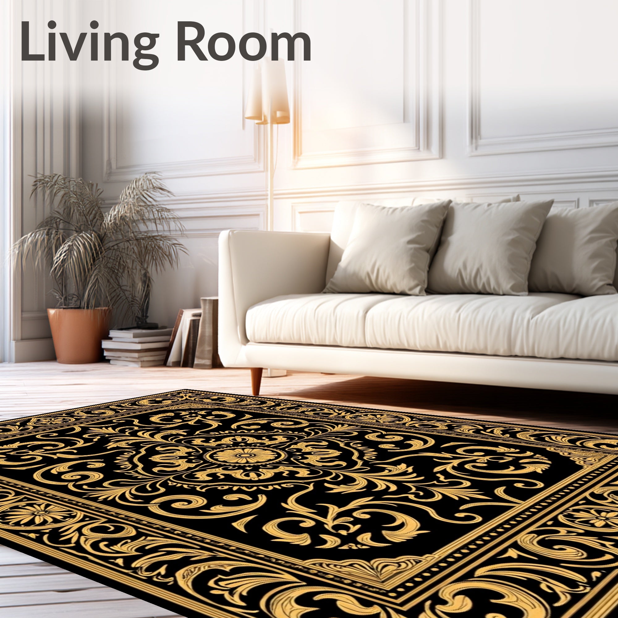 Elegant Gold Black Floral Scrollwork Medallion Rug