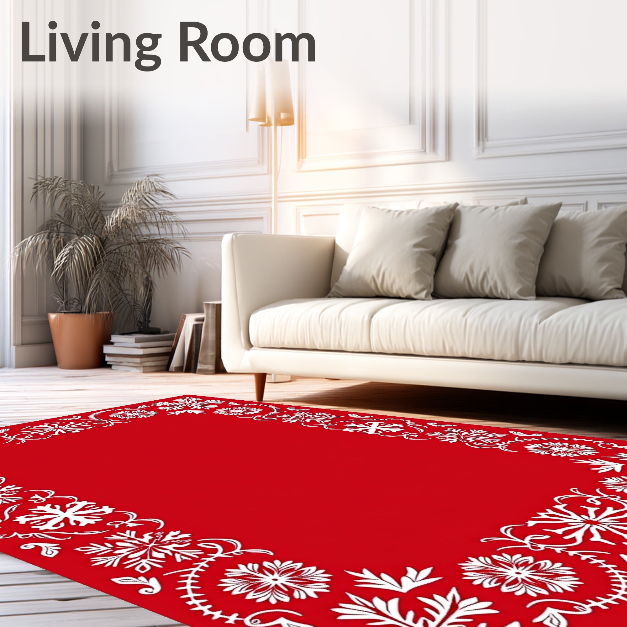 Vibrant Red Floral Snowflake Border Rug
