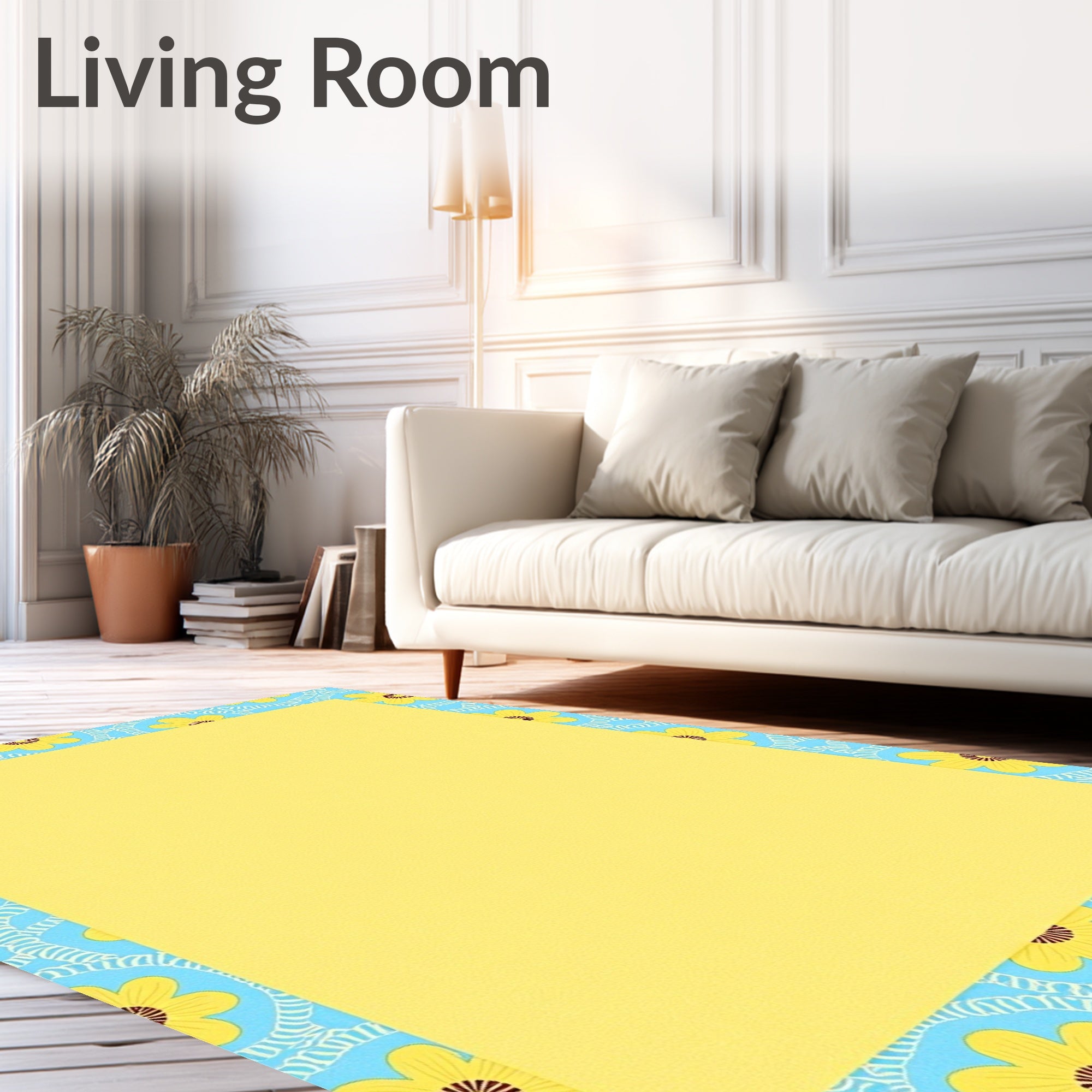 Bright Yellow Floral Blue Border Rug