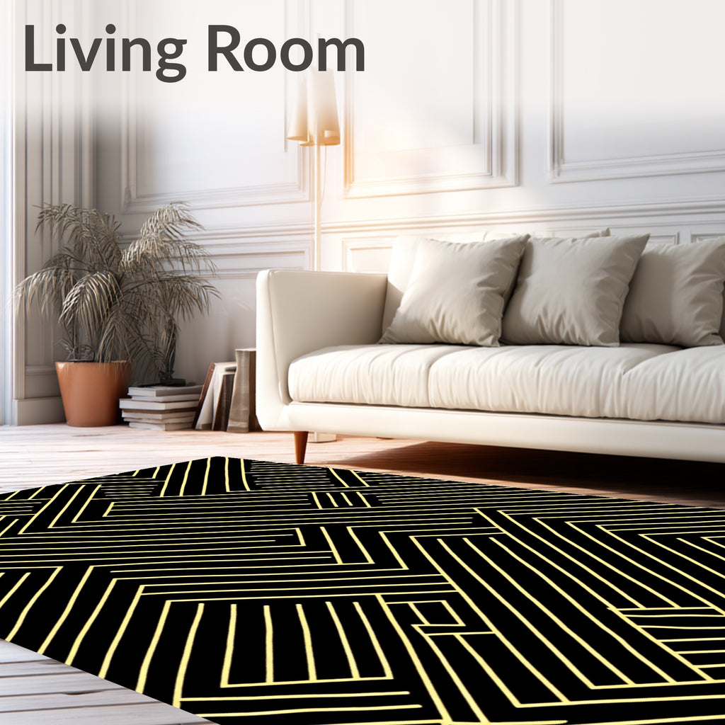 Golden Black Geometric Interlocking Lines Rug