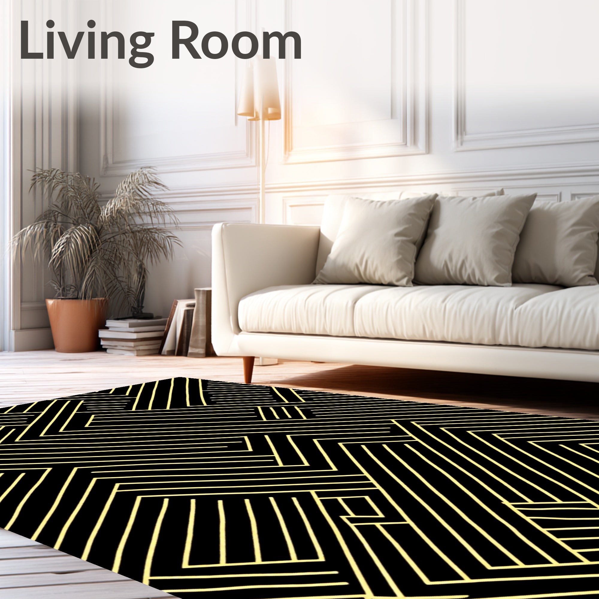 Golden Black Geometric Interlocking Lines Rug