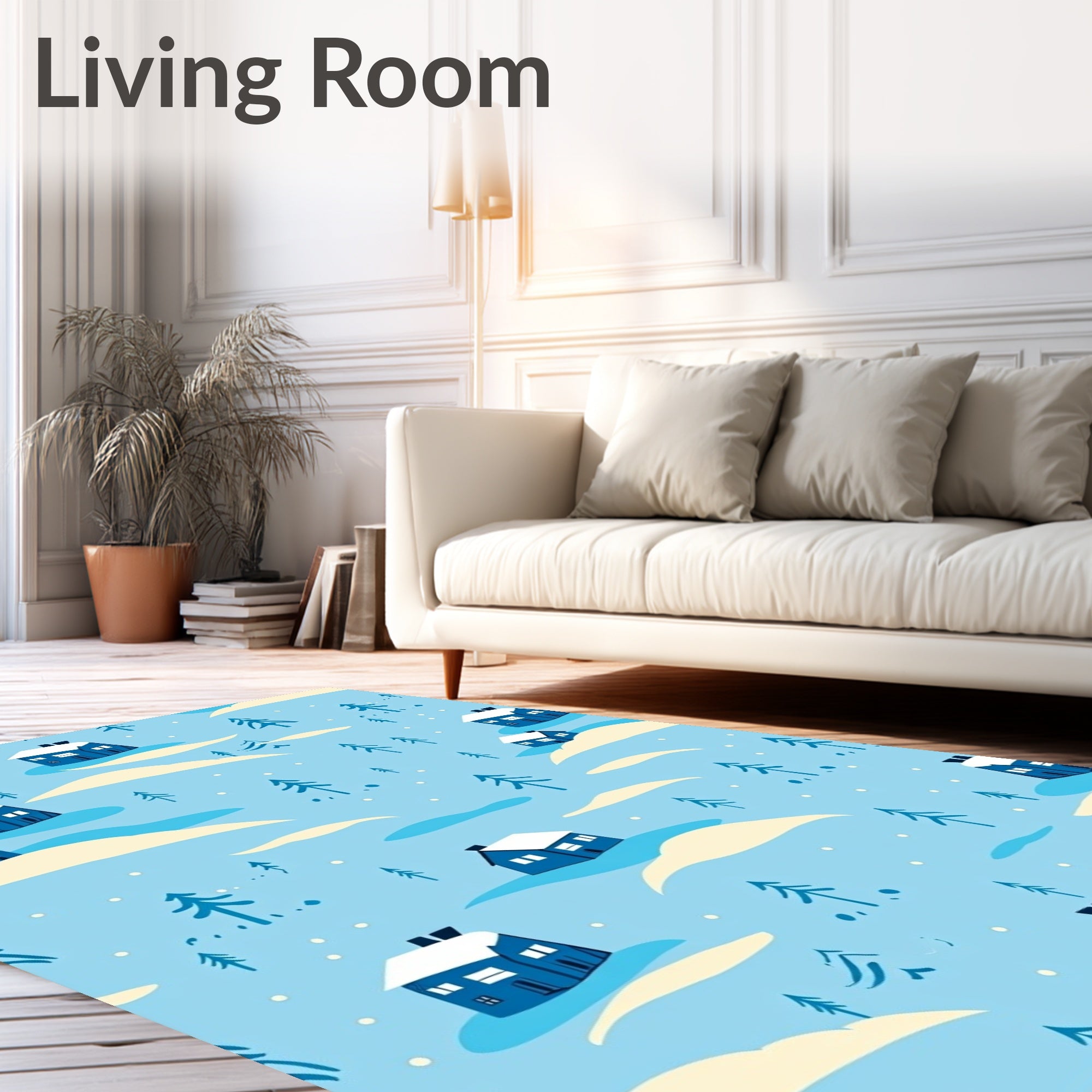 Cozy Blue Snowy Village Houses Rug