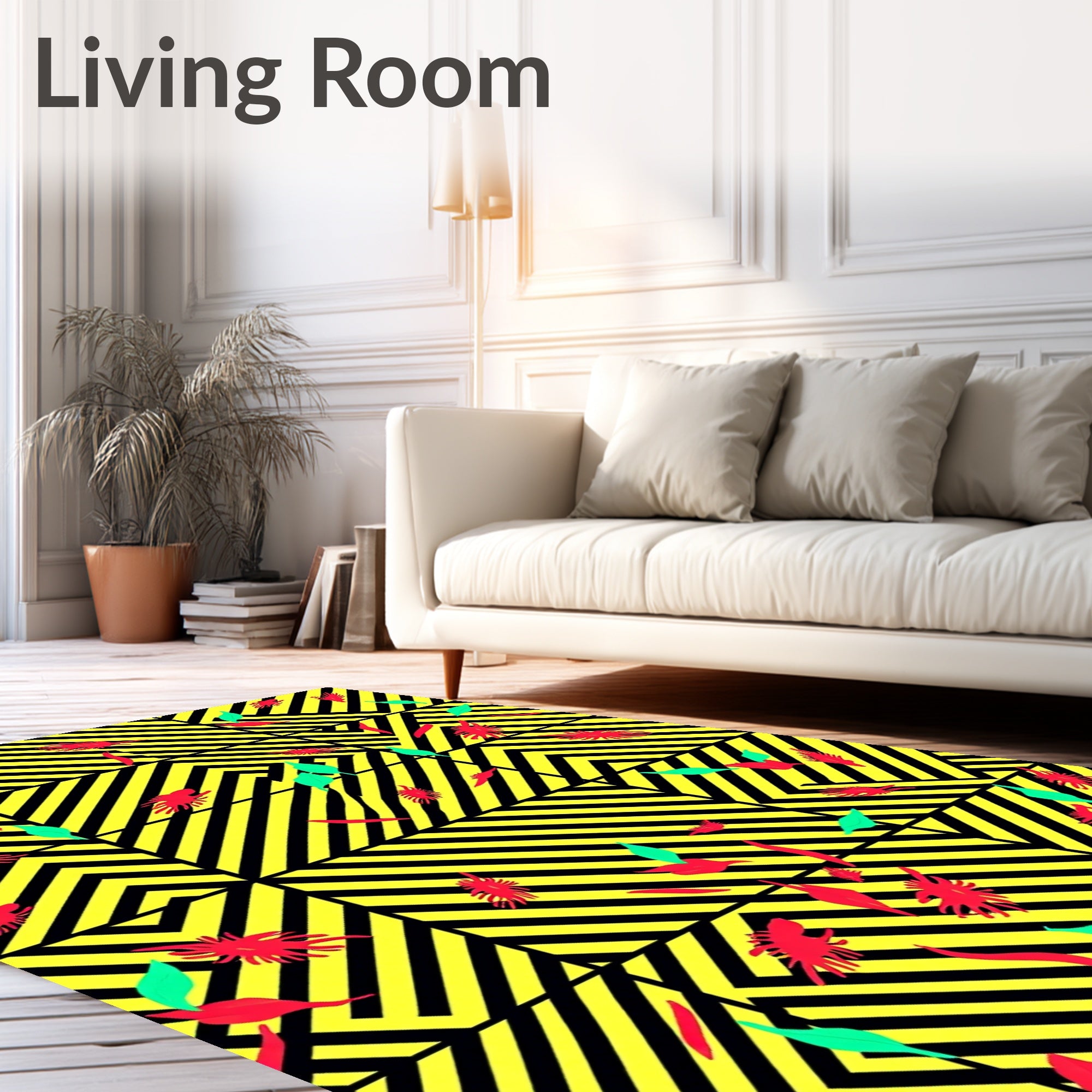 Bold Yellow Black Geometric Foliage Rug