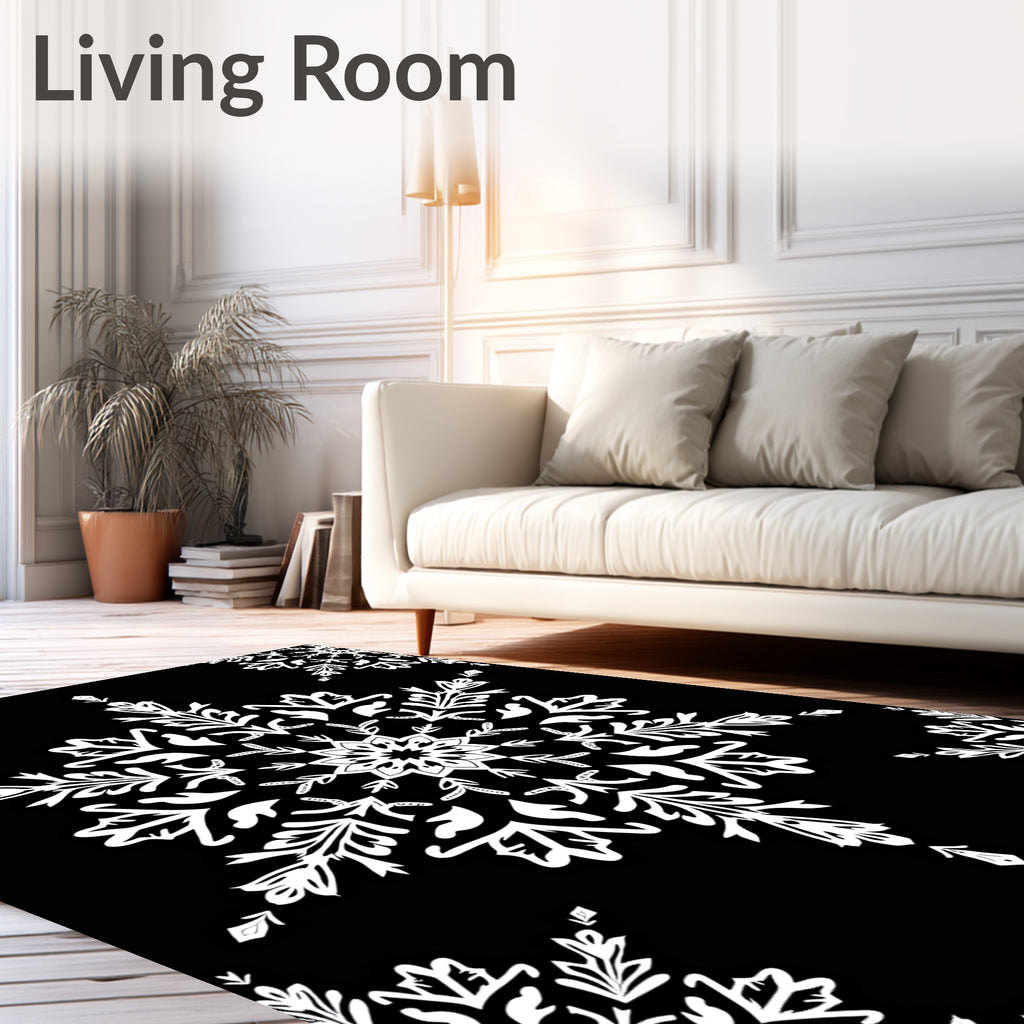 White Snowflake Mandala on Black Rug
