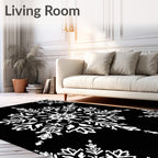 White Snowflake Mandala on Black Rug