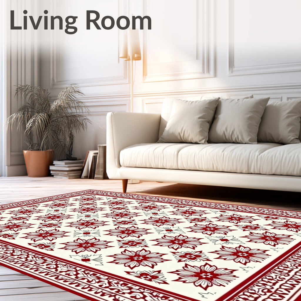 Deep Red Floral Garden Medallion Rug