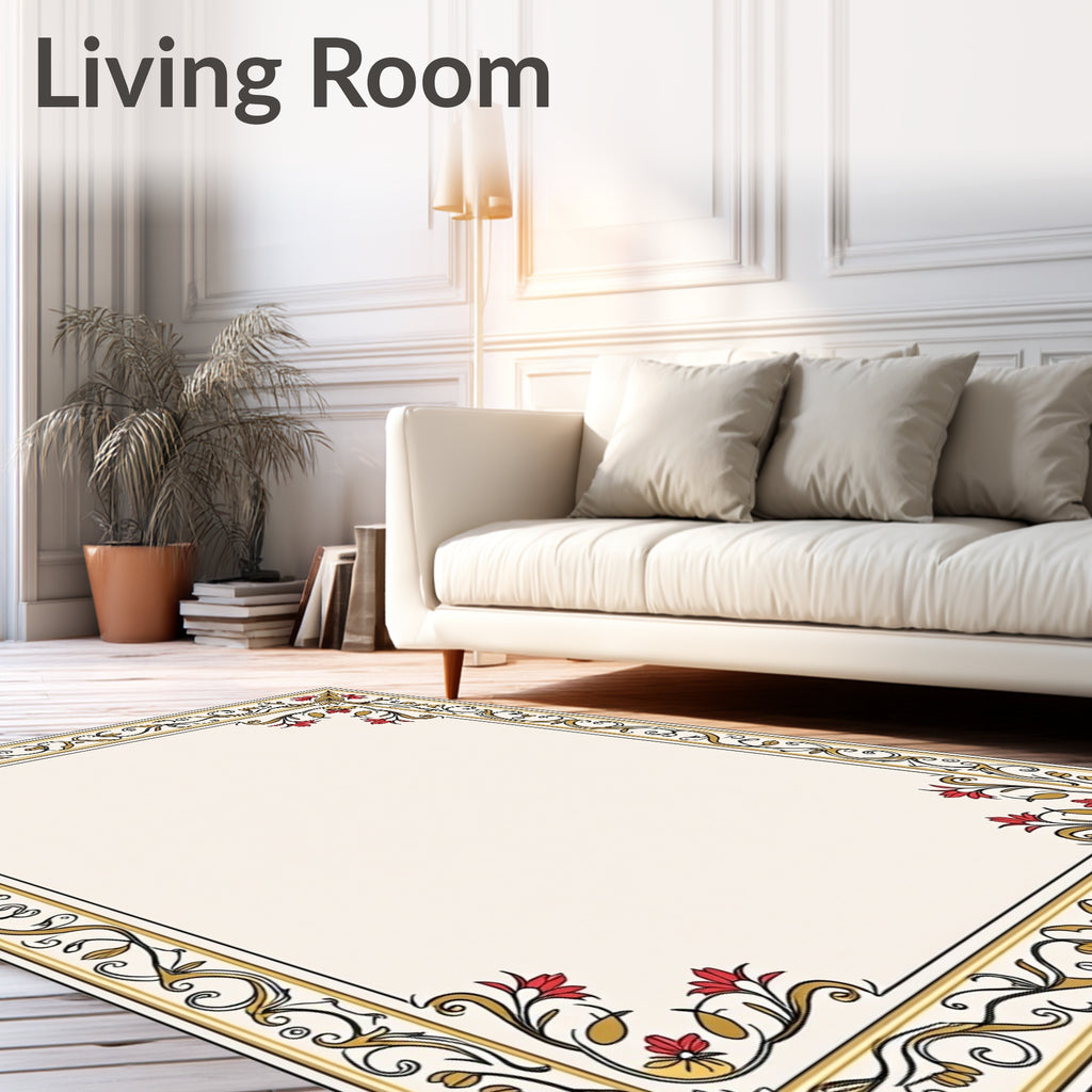Floral Accents Red Gold Border Frame Rug