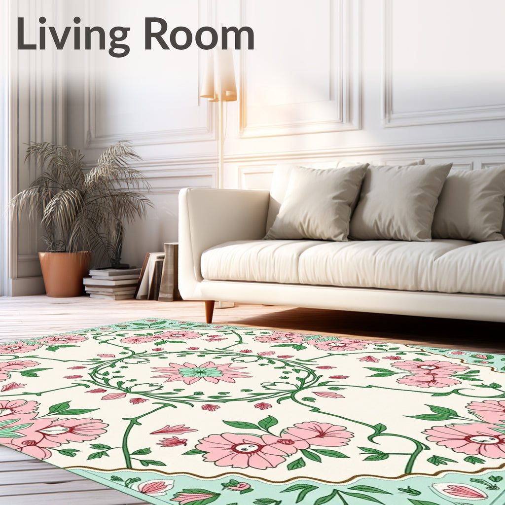 Pink Floral Garden With Green Vines Rug