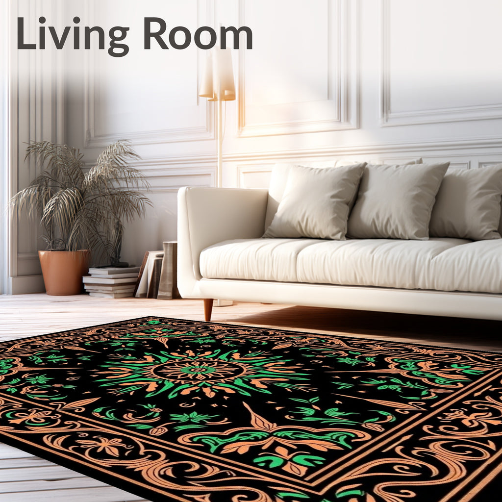 Ornate Black Coral Sun Medallion Rug