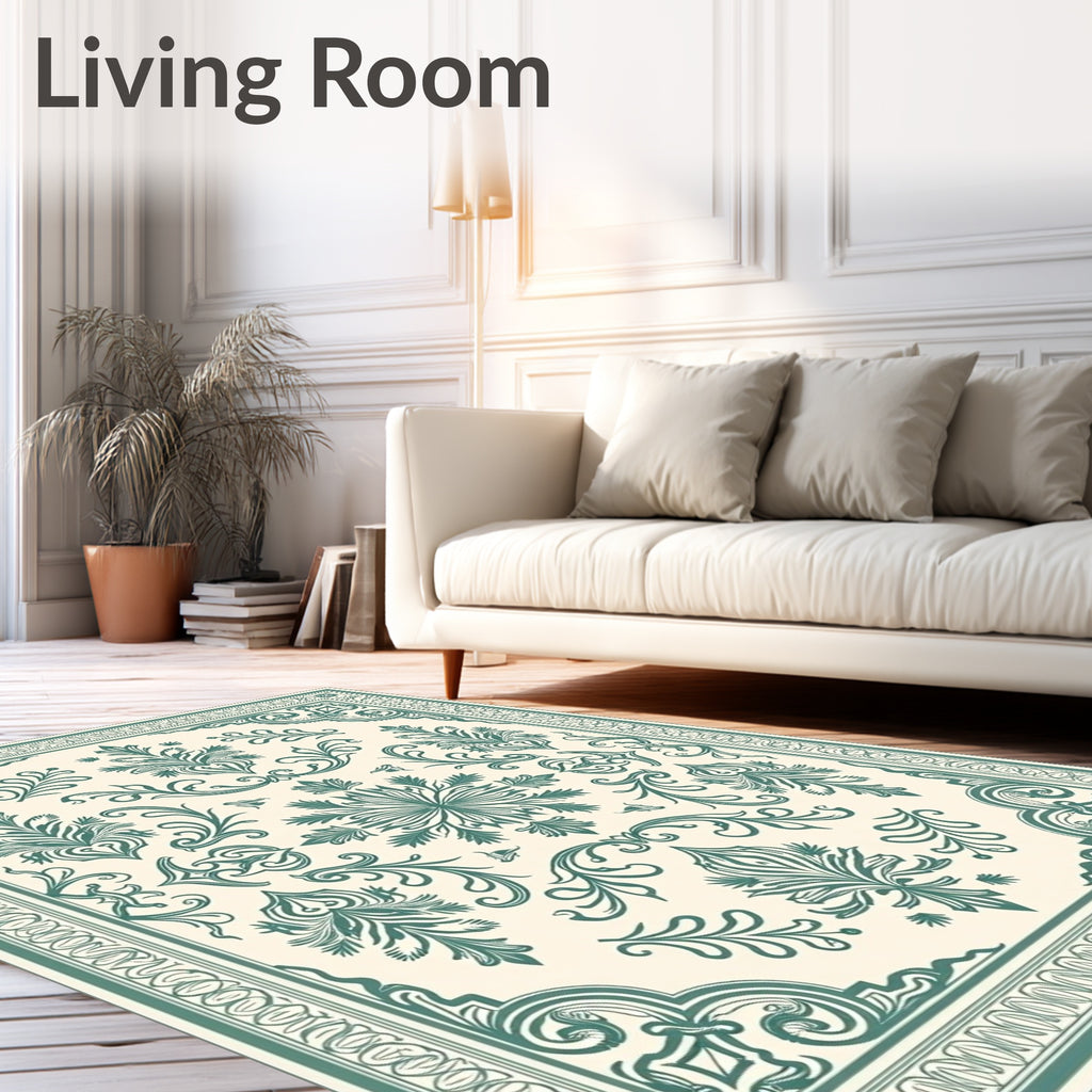 Victorian Teal Floral Medallion Border Rug