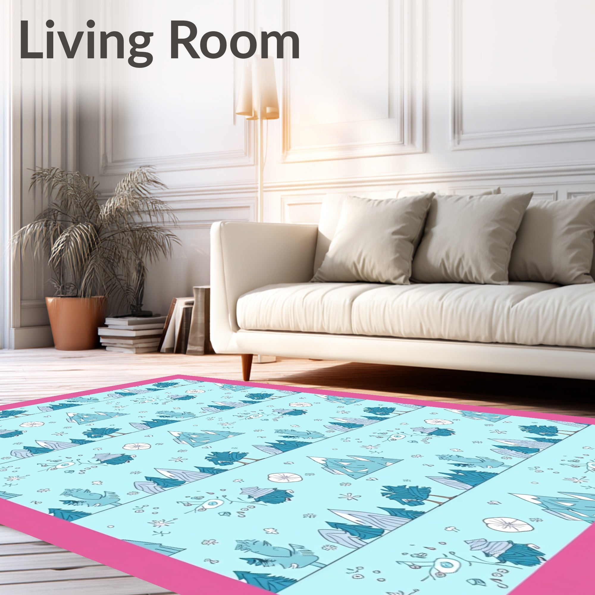 Whimsical Aqua Forest Animal Mountains Rug