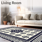 Navy Cream Floral Medallion Border Rug