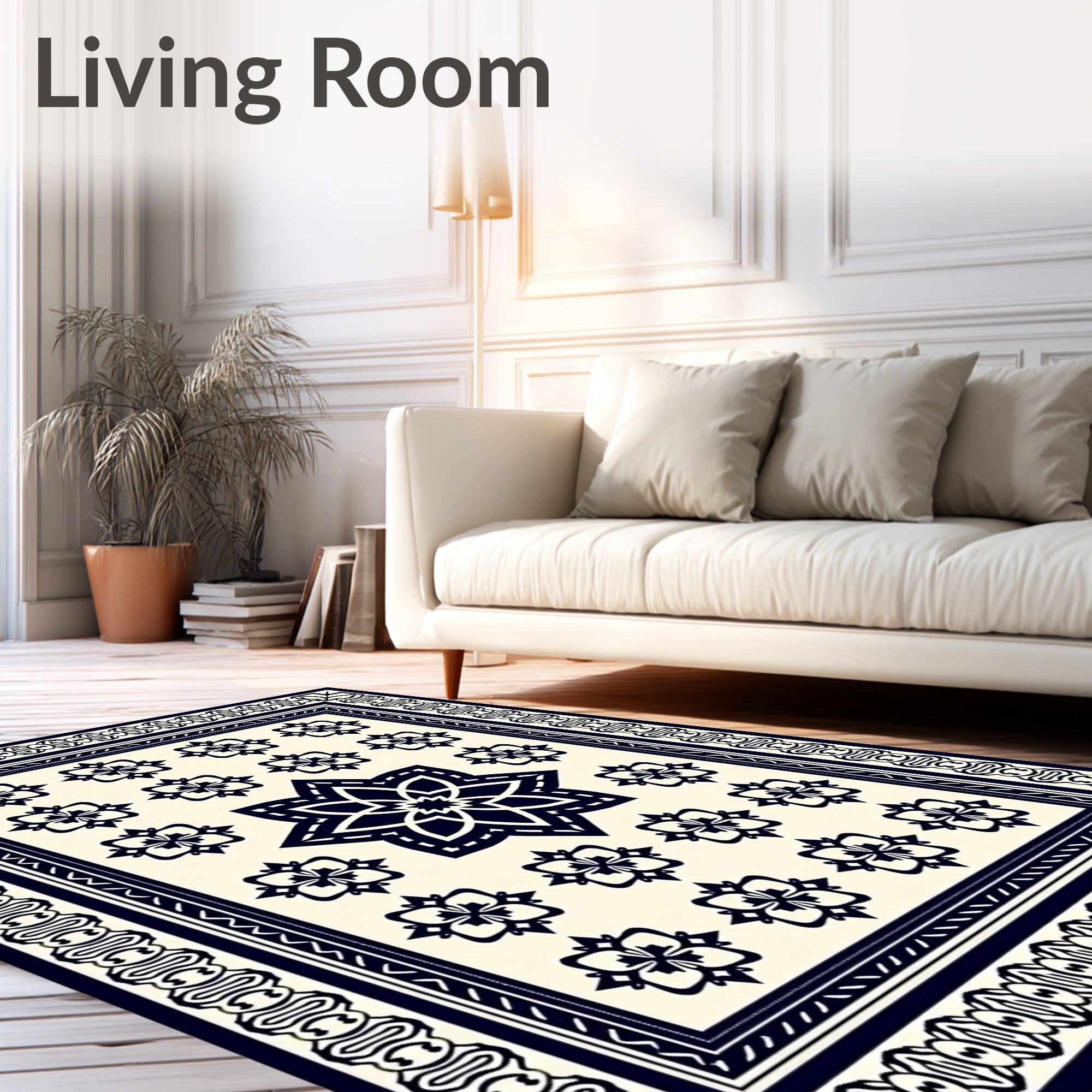 Navy Cream Floral Medallion Border Rug