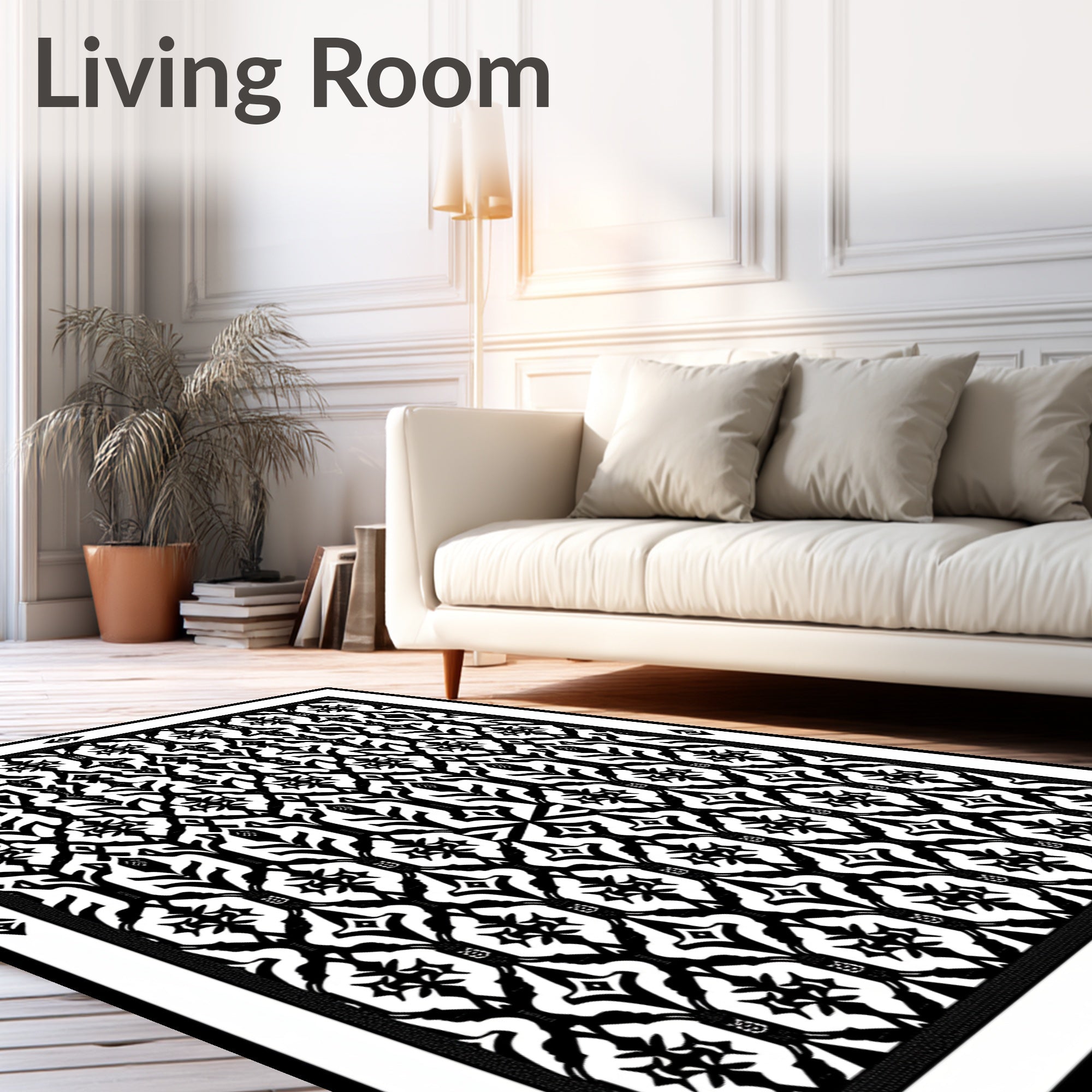 Black White Ornamental Lattice Rug