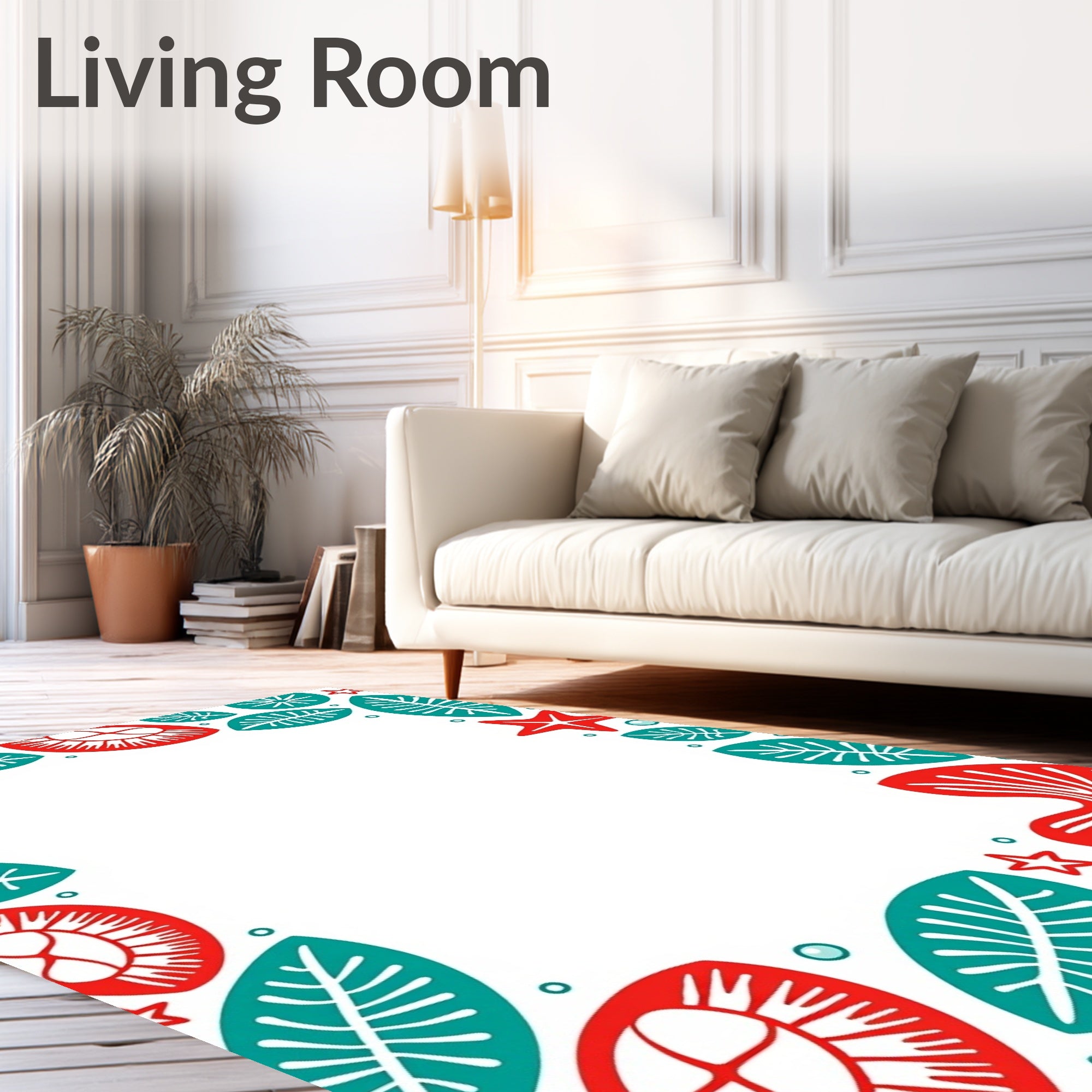 Coral Teal Abstract Floral Frame Rug
