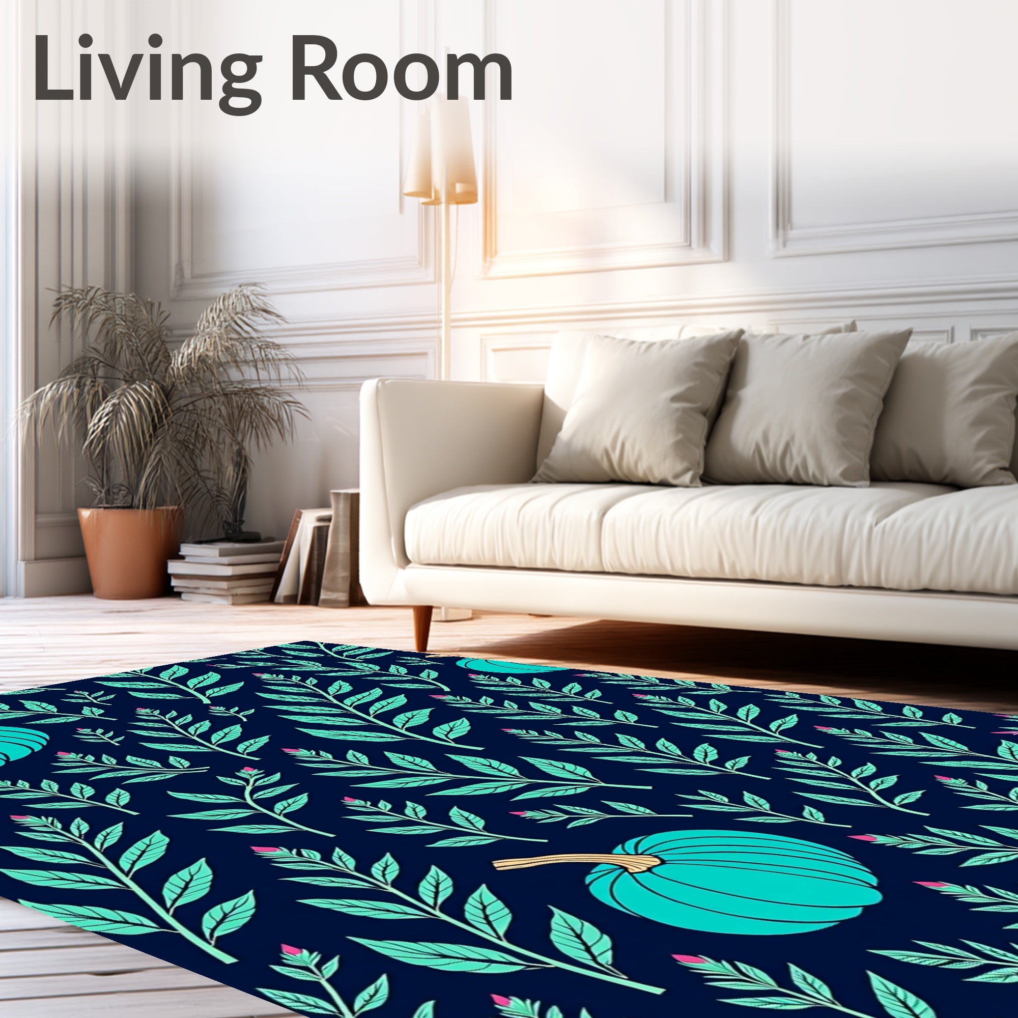 Teal Pumpkin Leafy Branch Arrangement Rug