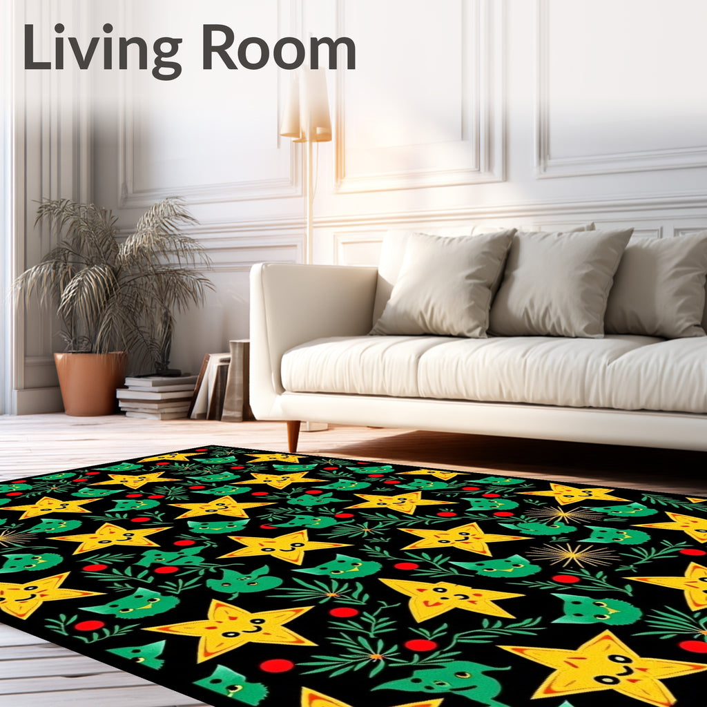 Cute Yellow Star Green Cat Foliage Rug