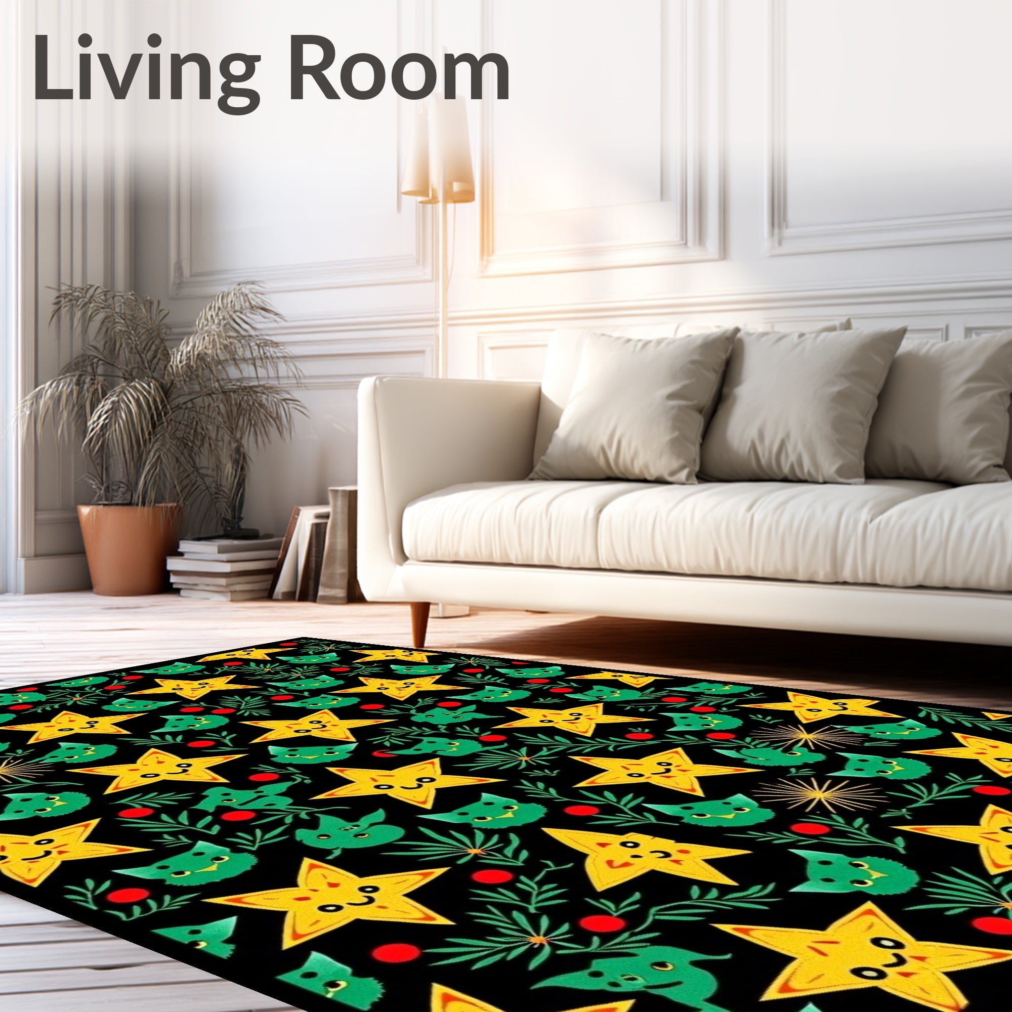 Cute Yellow Star Green Cat Foliage Rug