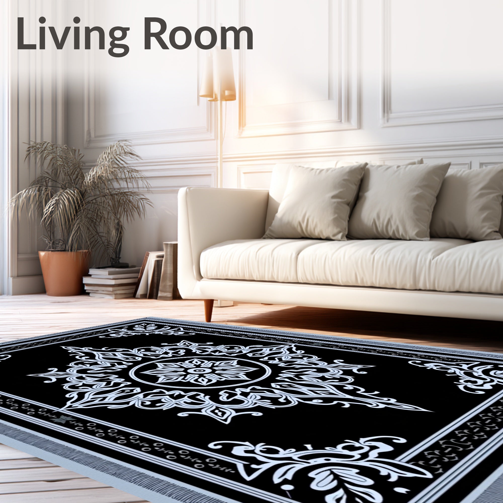 Black White Floral Medallion Rug