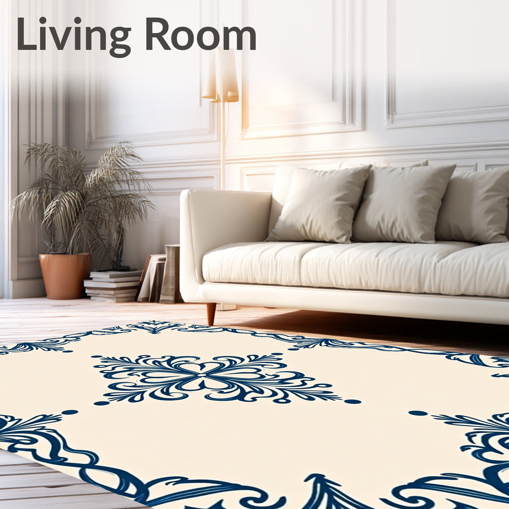 Cream and Navy Flourish Medallion Rug