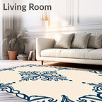 Cream and Navy Flourish Medallion Rug