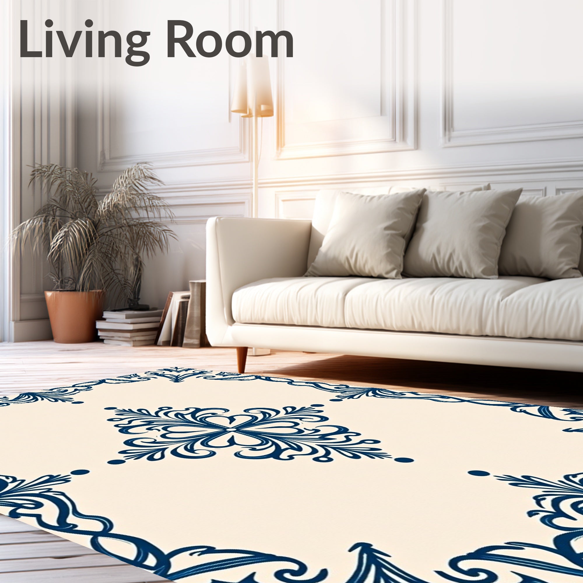 Cream and Navy Flourish Medallion Rug