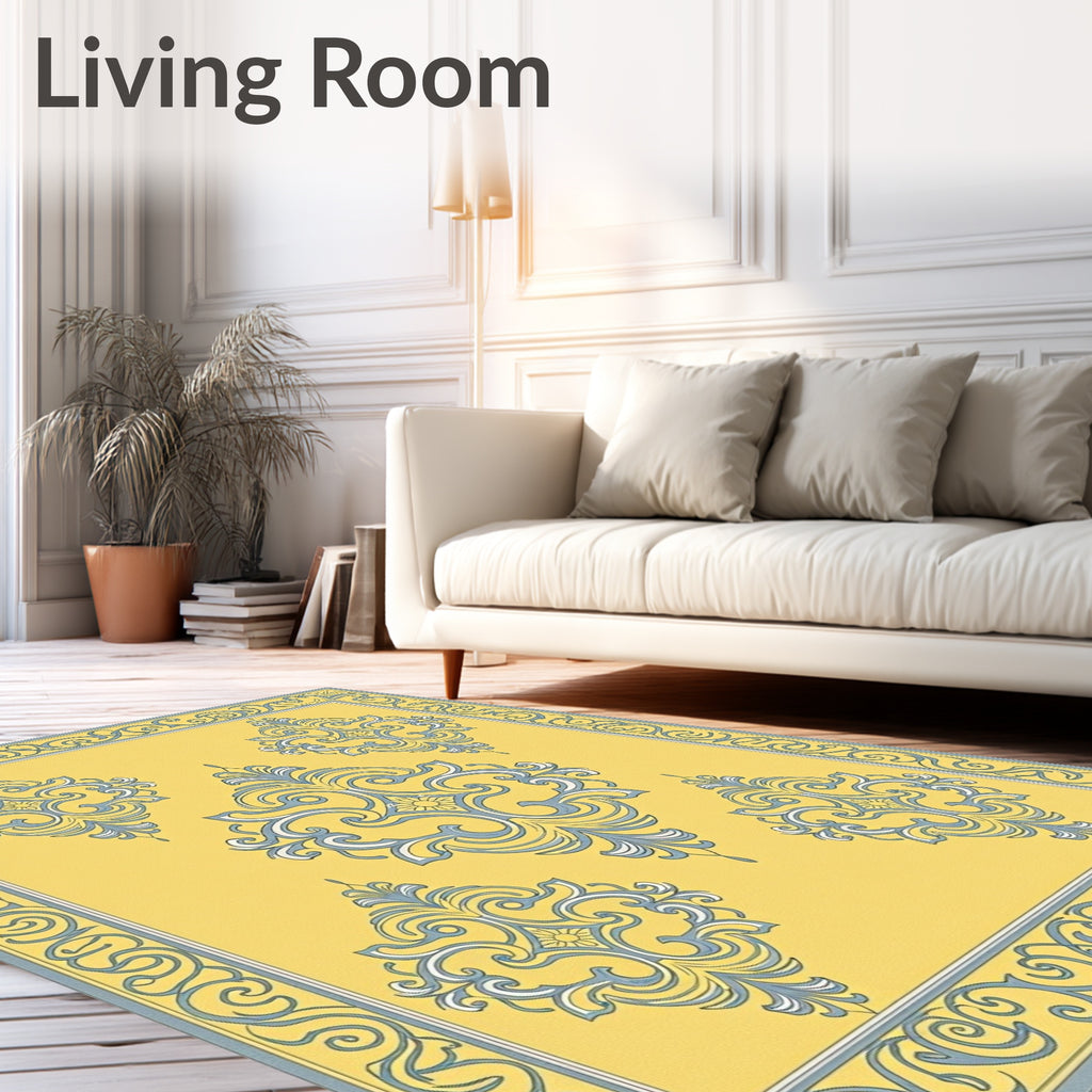Pale Yellow Gray Damask Scroll Rug