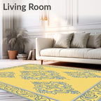 Pale Yellow Gray Damask Scroll Rug
