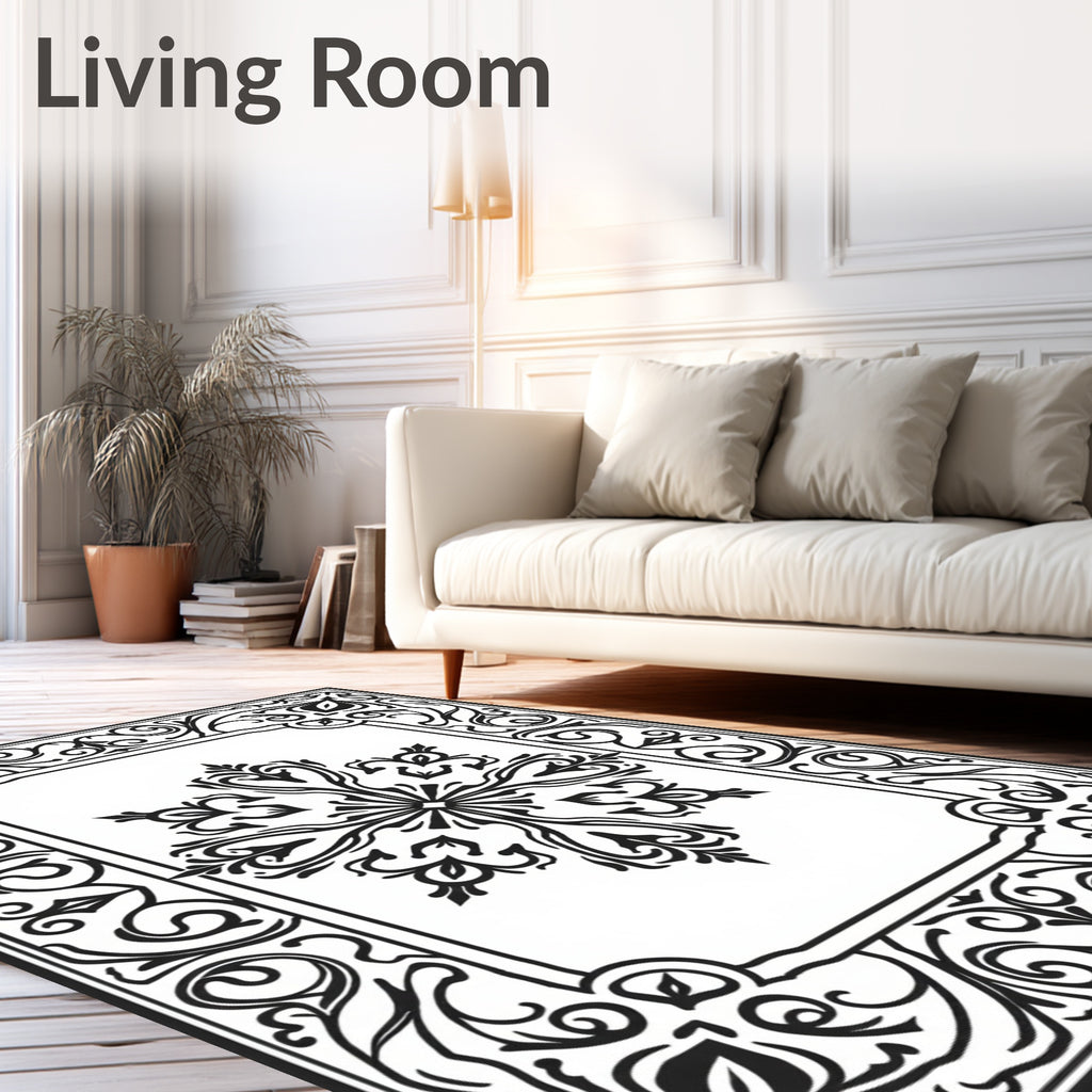 Ornate Black Floral Medallion Frame Rug