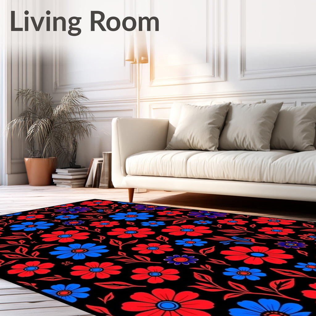 Retro Red Blue Floral Field Rug