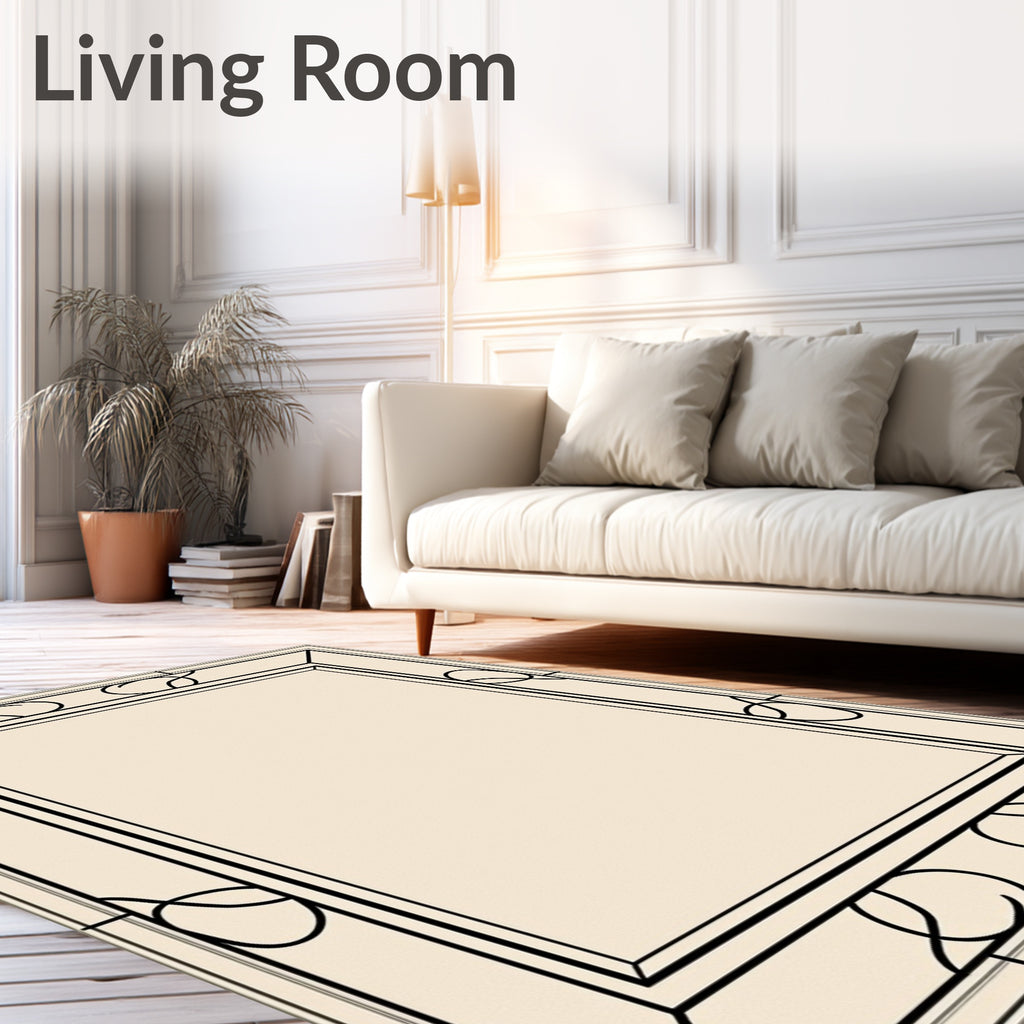 Elegant Cream Black Swirl Border Rug