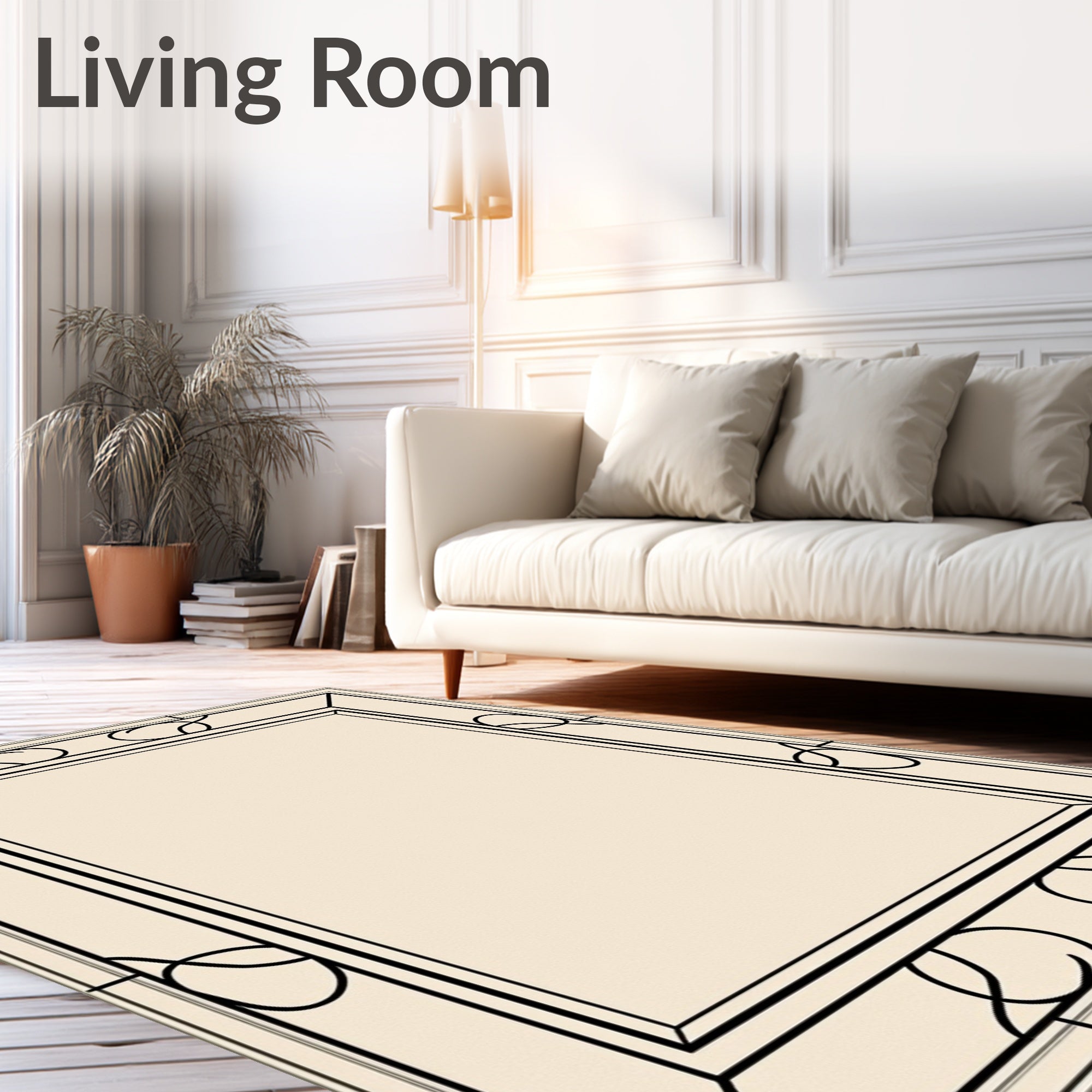 Elegant Cream Black Swirl Border Rug
