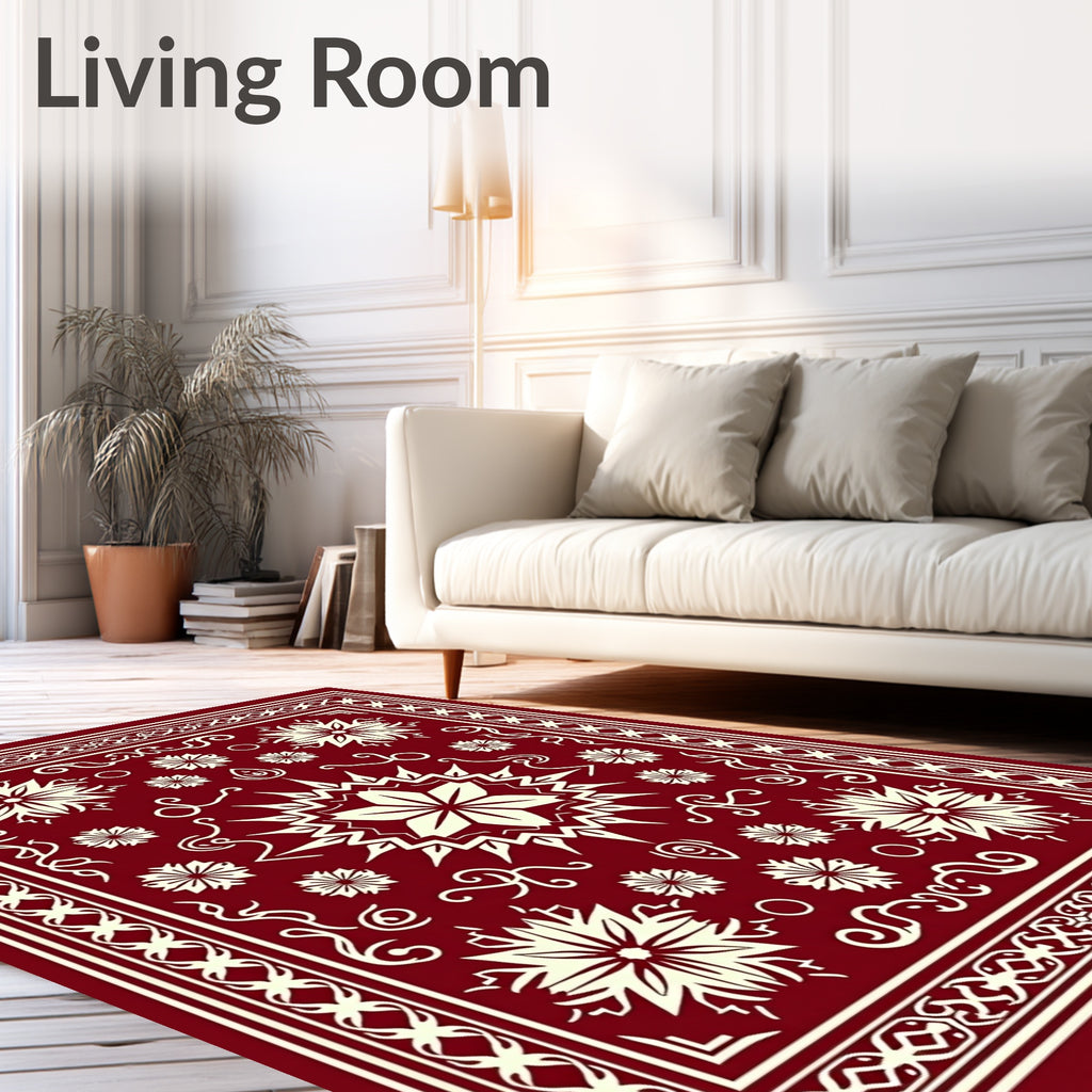 Deep Red Starburst Medallion Border Rug