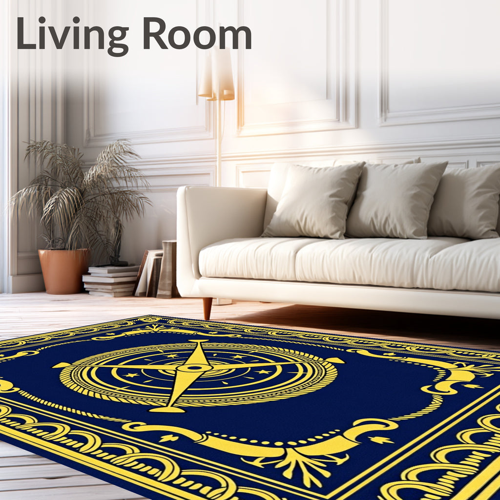 Navy Blue Golden Compass Medallion Rug