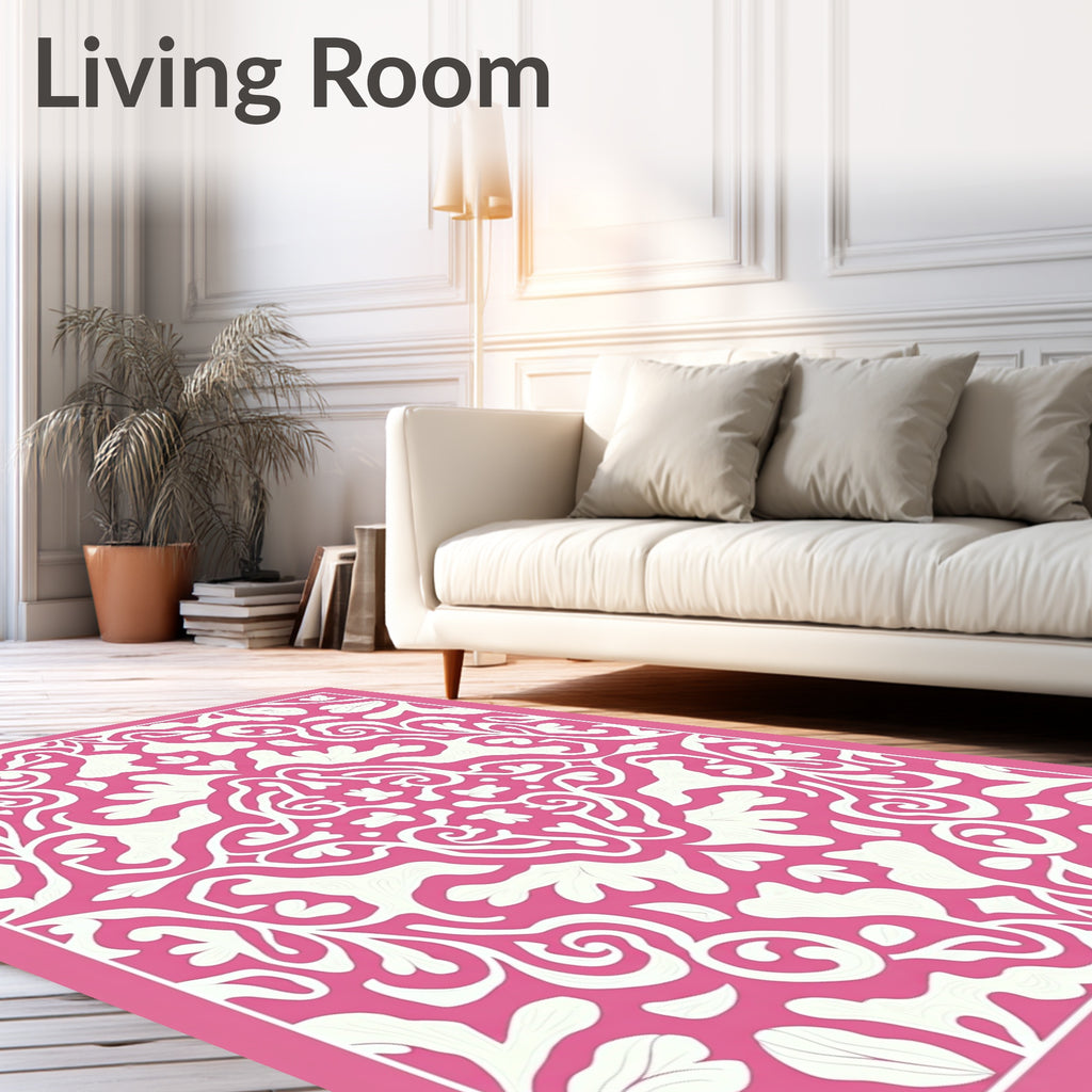 Pink White Floral Damask ScrollRug Rug
