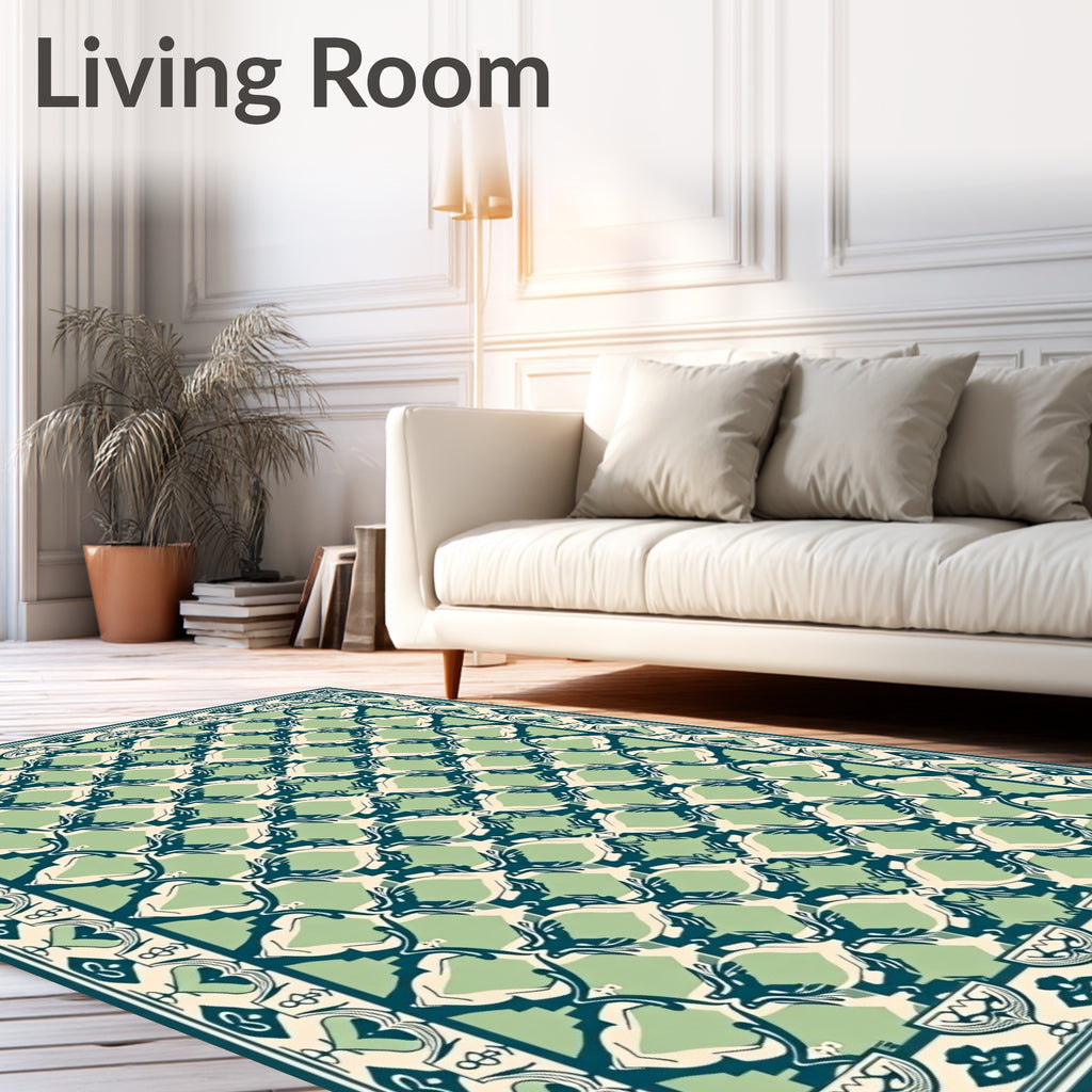 Green Teal White Bird Medallion Rug