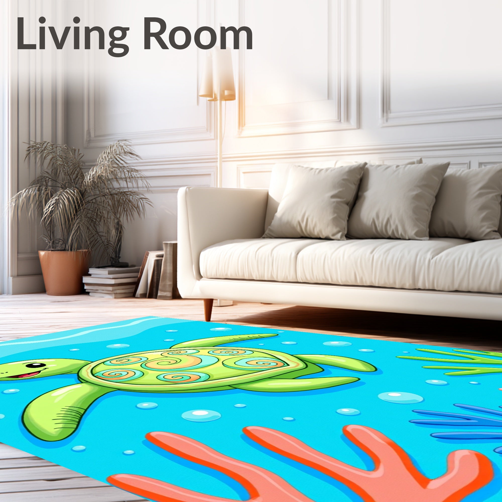 Whimsical Green Turtle Ocean Swirls Rug