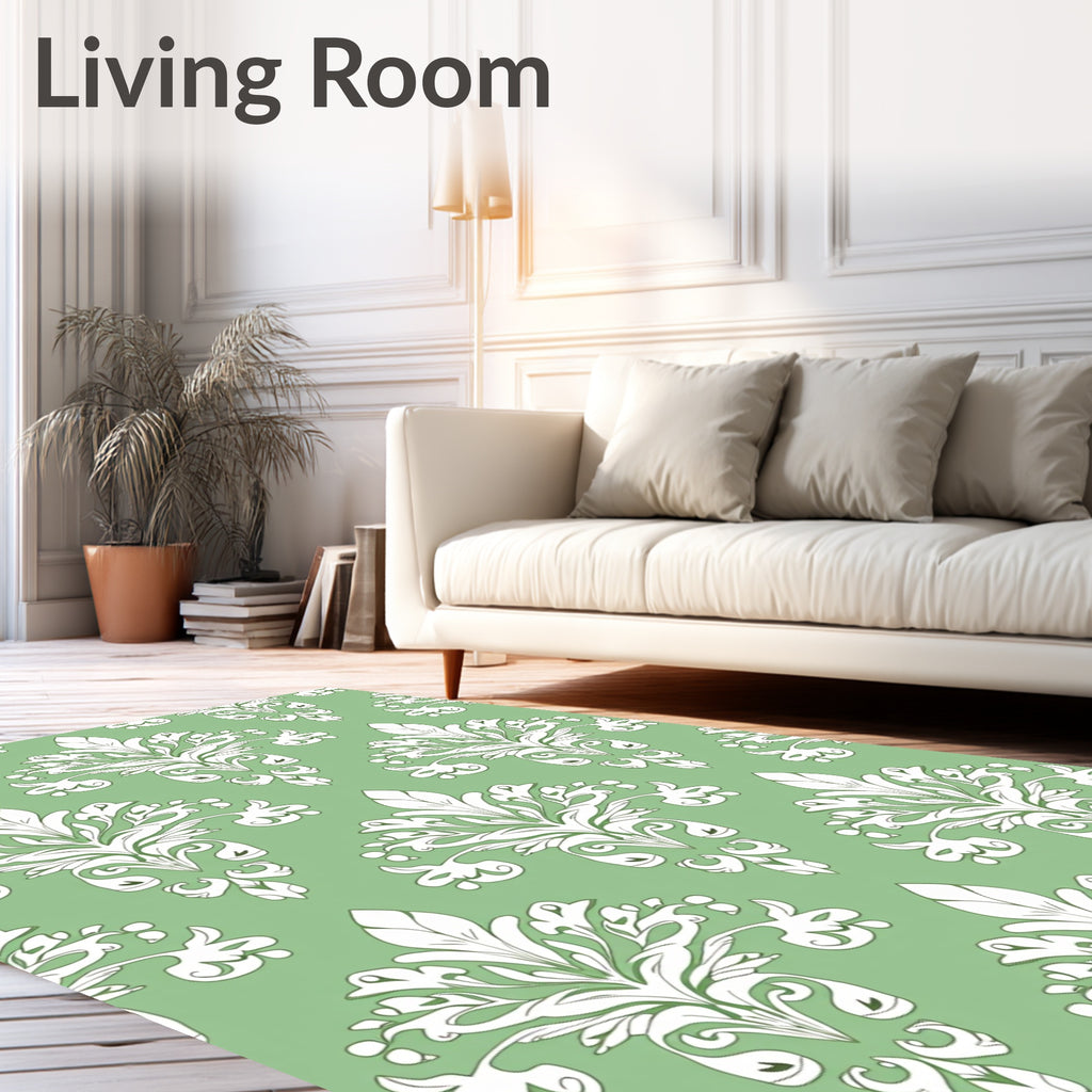 Sage Green White Damask Flourish Rug