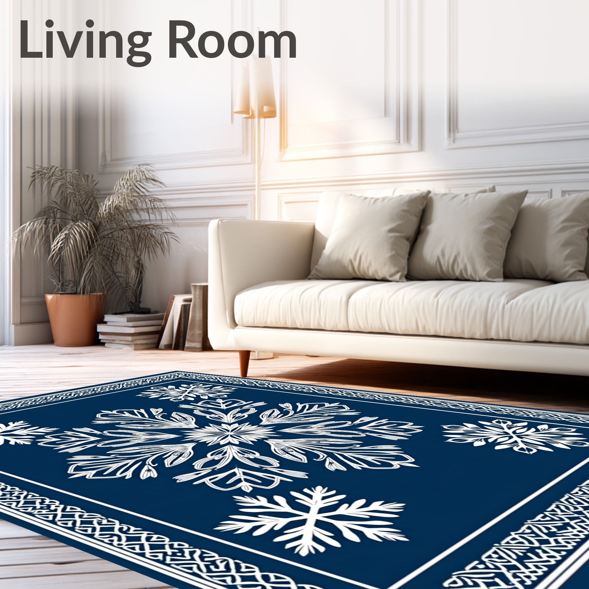 Navy White Snowflake Medallion Border Rug