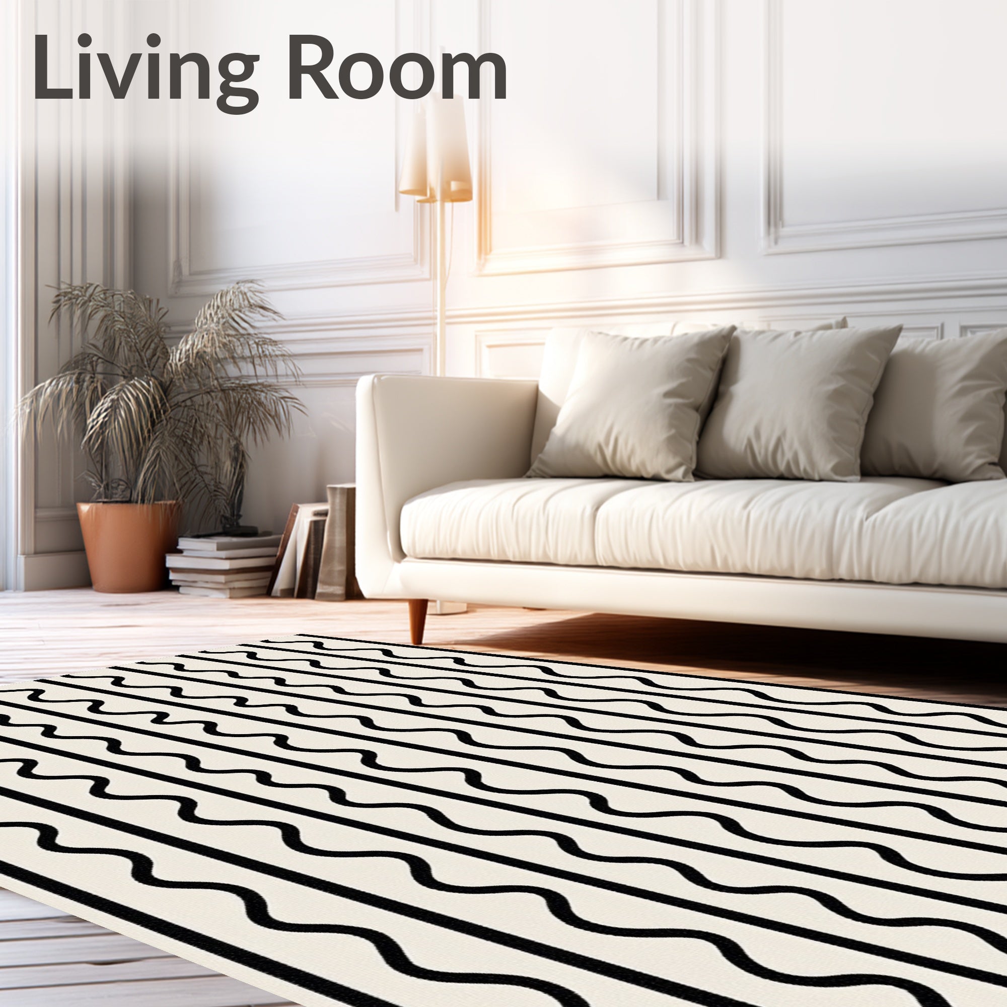 Modern Black White Wavy Stripe Rug