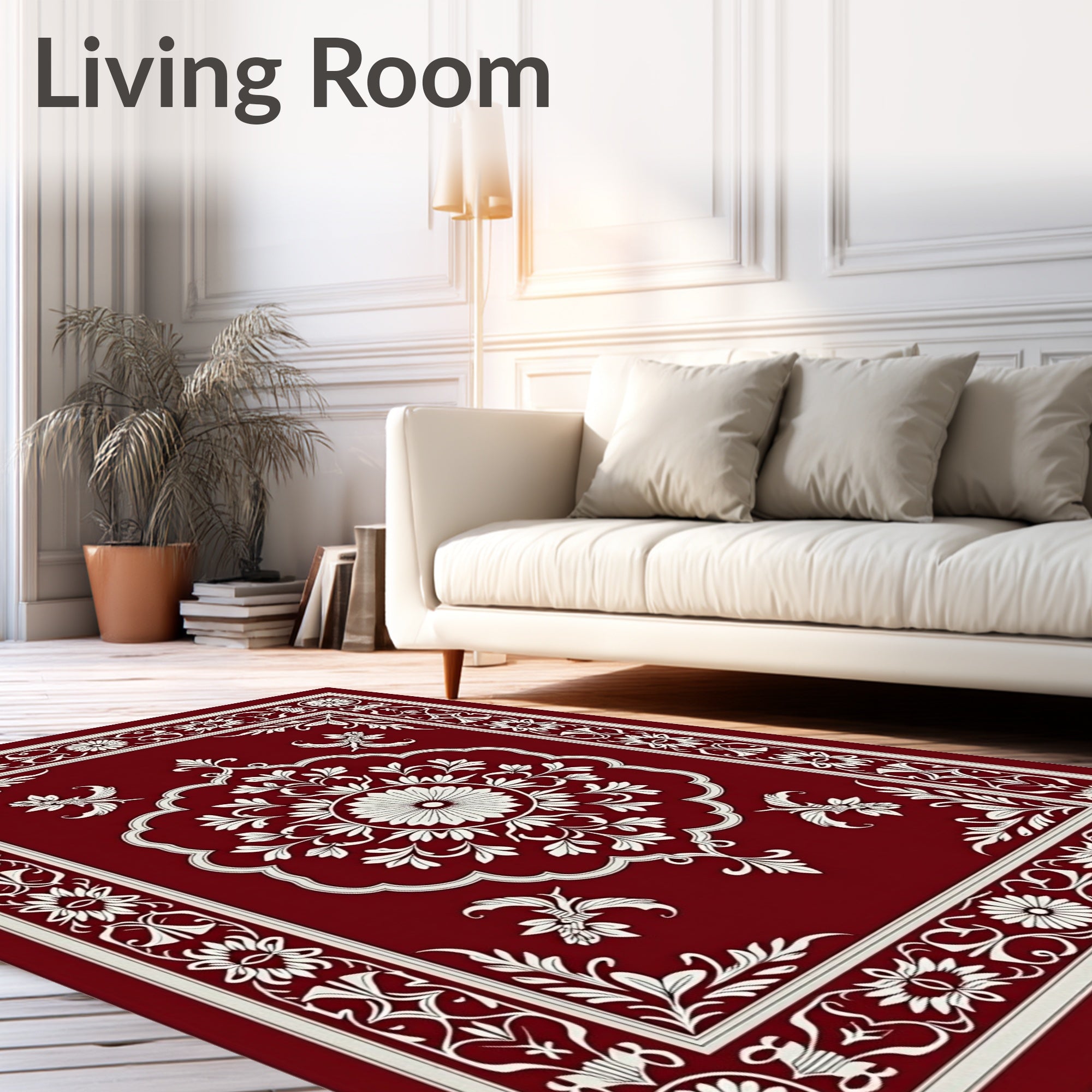 Ornate White Bloom Crimson Border Rug