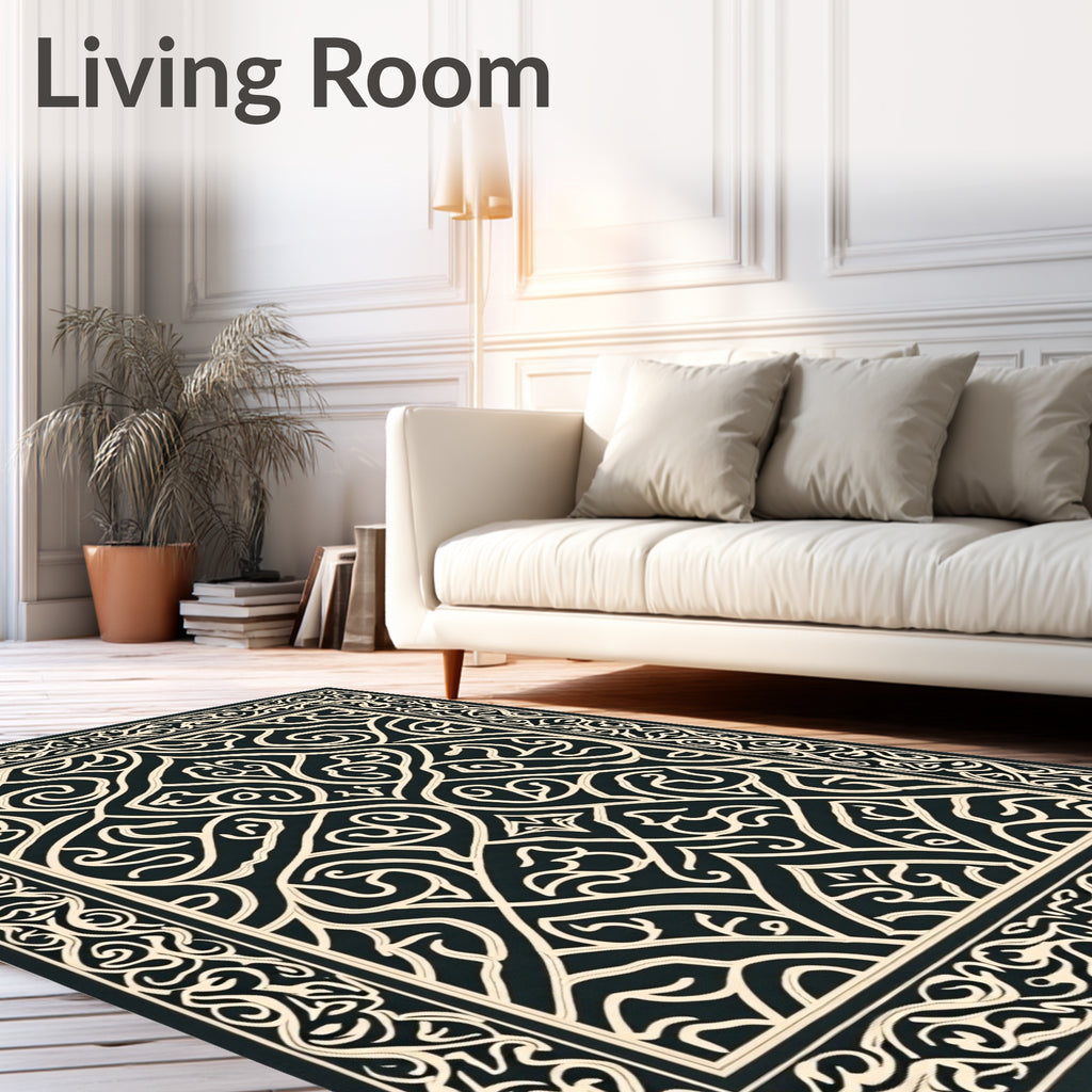 Classic Black Ivory Arabesque Scroll Rug