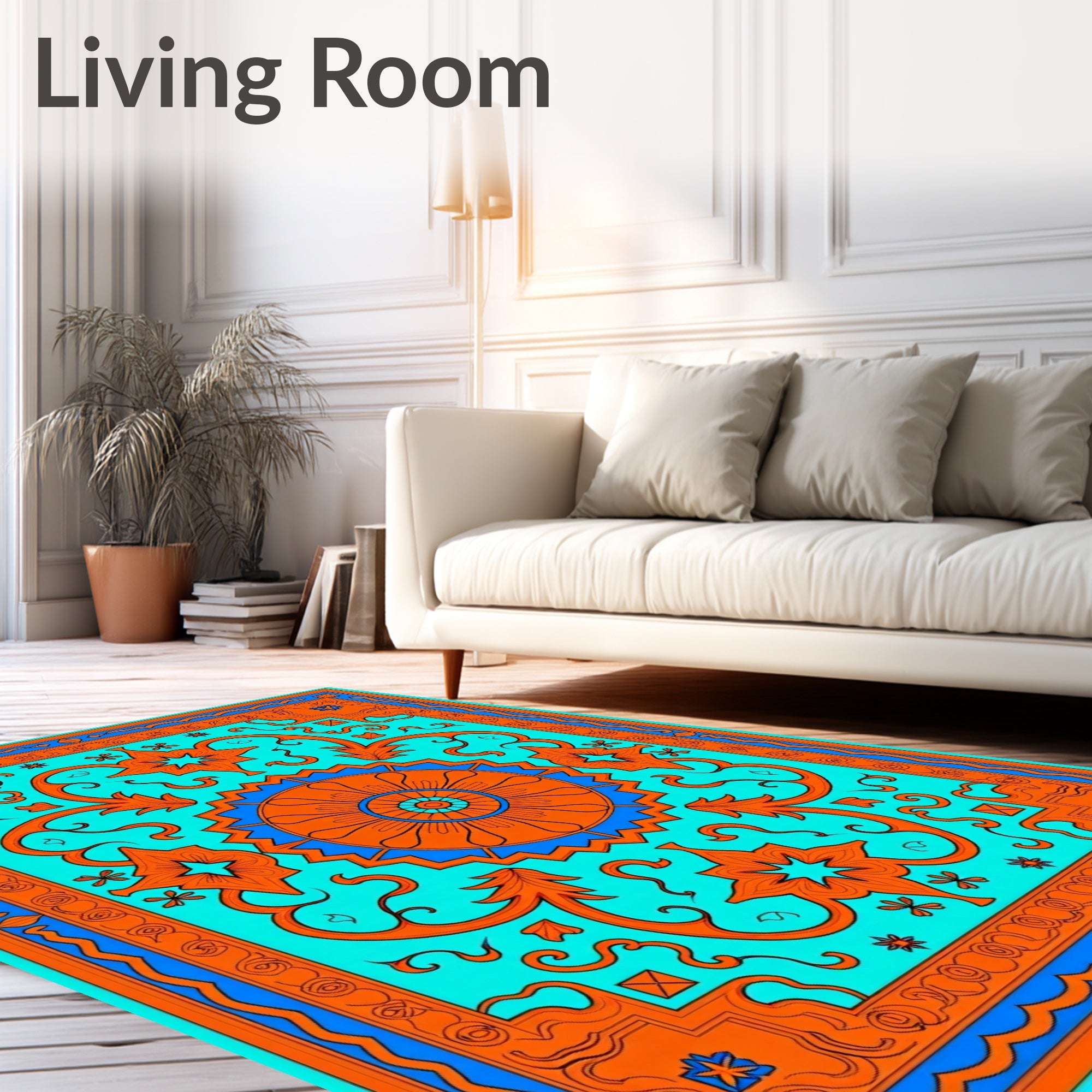 Vibrant Orange Teal Floral Garden Rug
