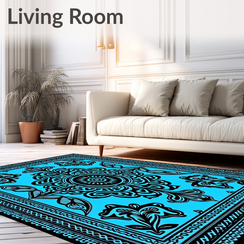 Electric Blue Floral Medallion Tapestry Rug