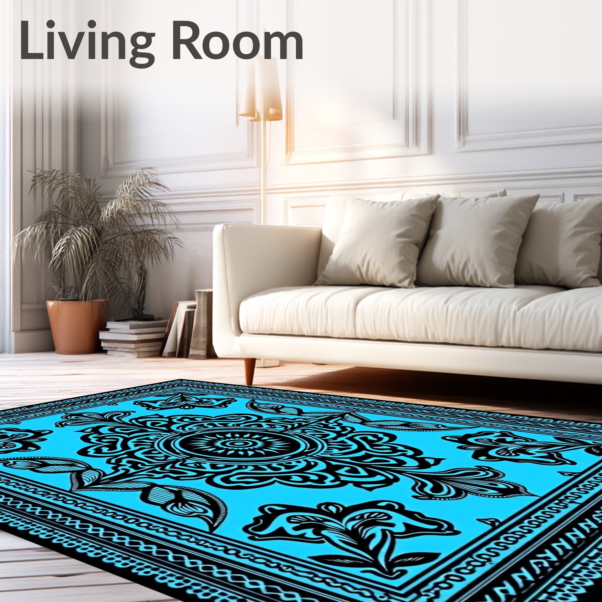 Electric Blue Floral Medallion Tapestry Rug