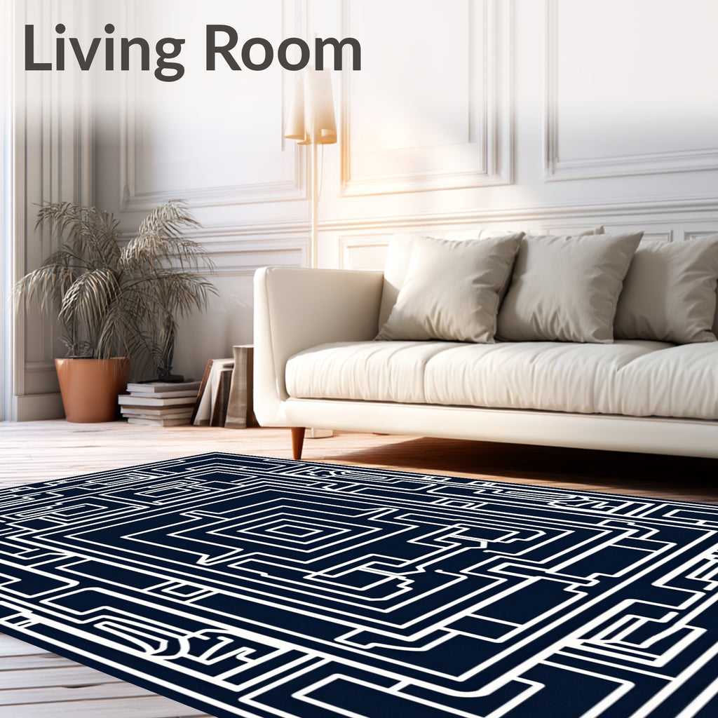 Deep Blue White Geometric Maze Rug