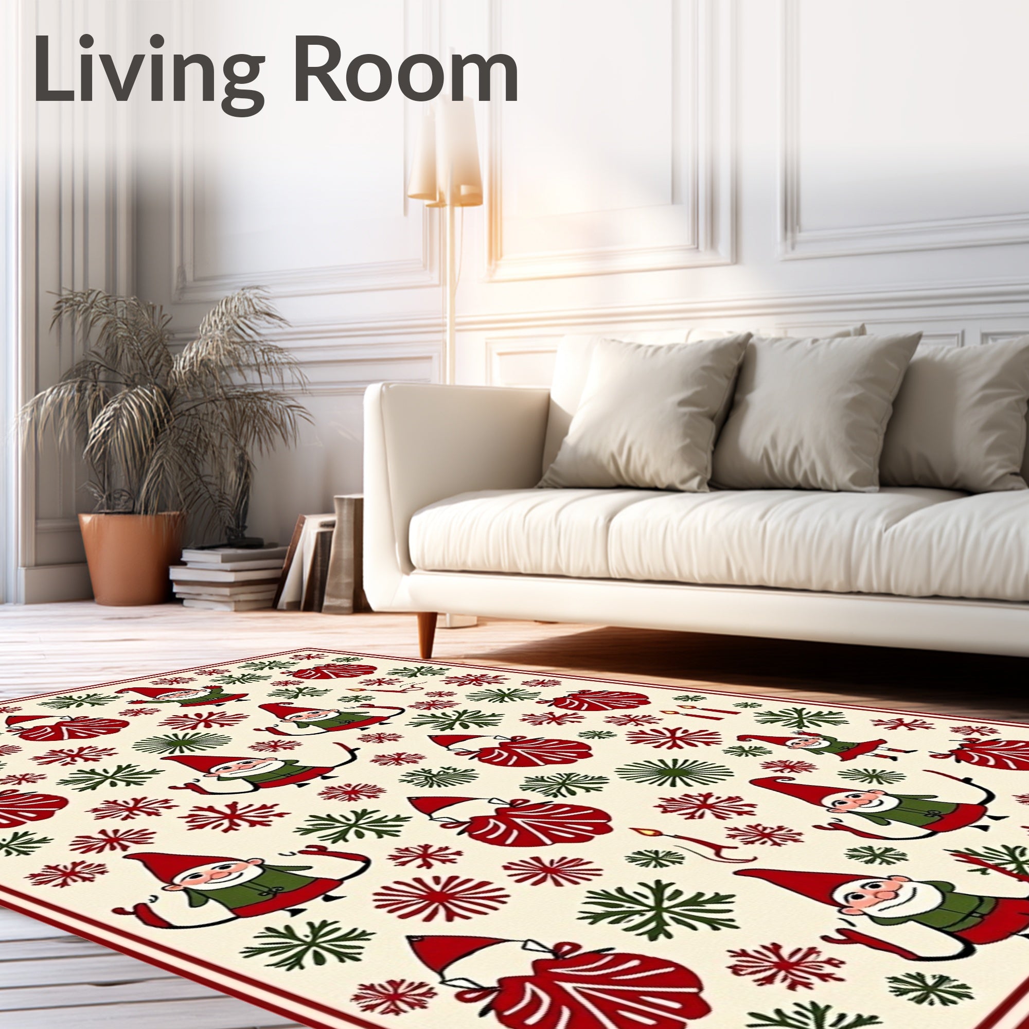 Festive Red Green Gnome Snowflake Scatter Rug