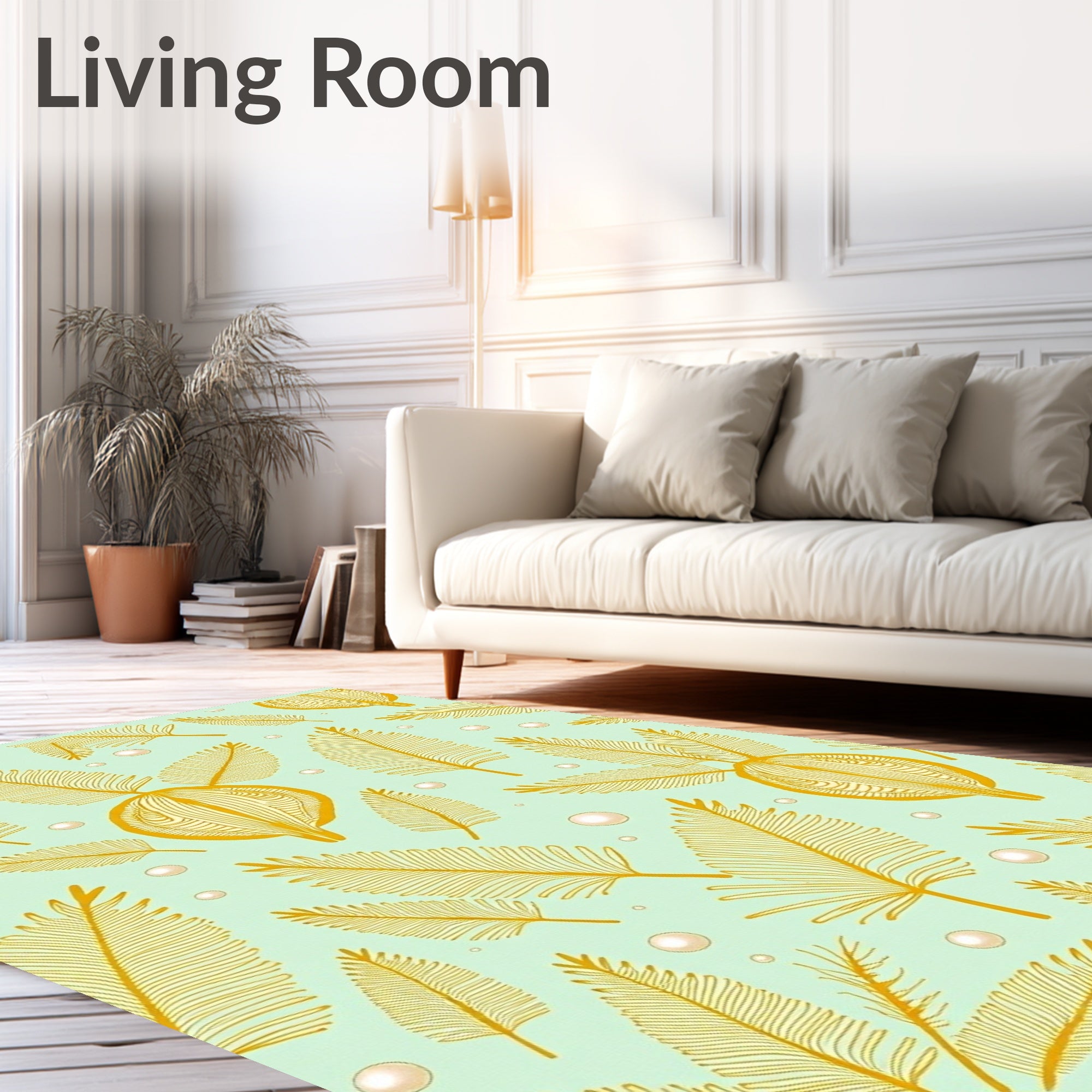 Golden Feathers and Pearls on Aqua Rug